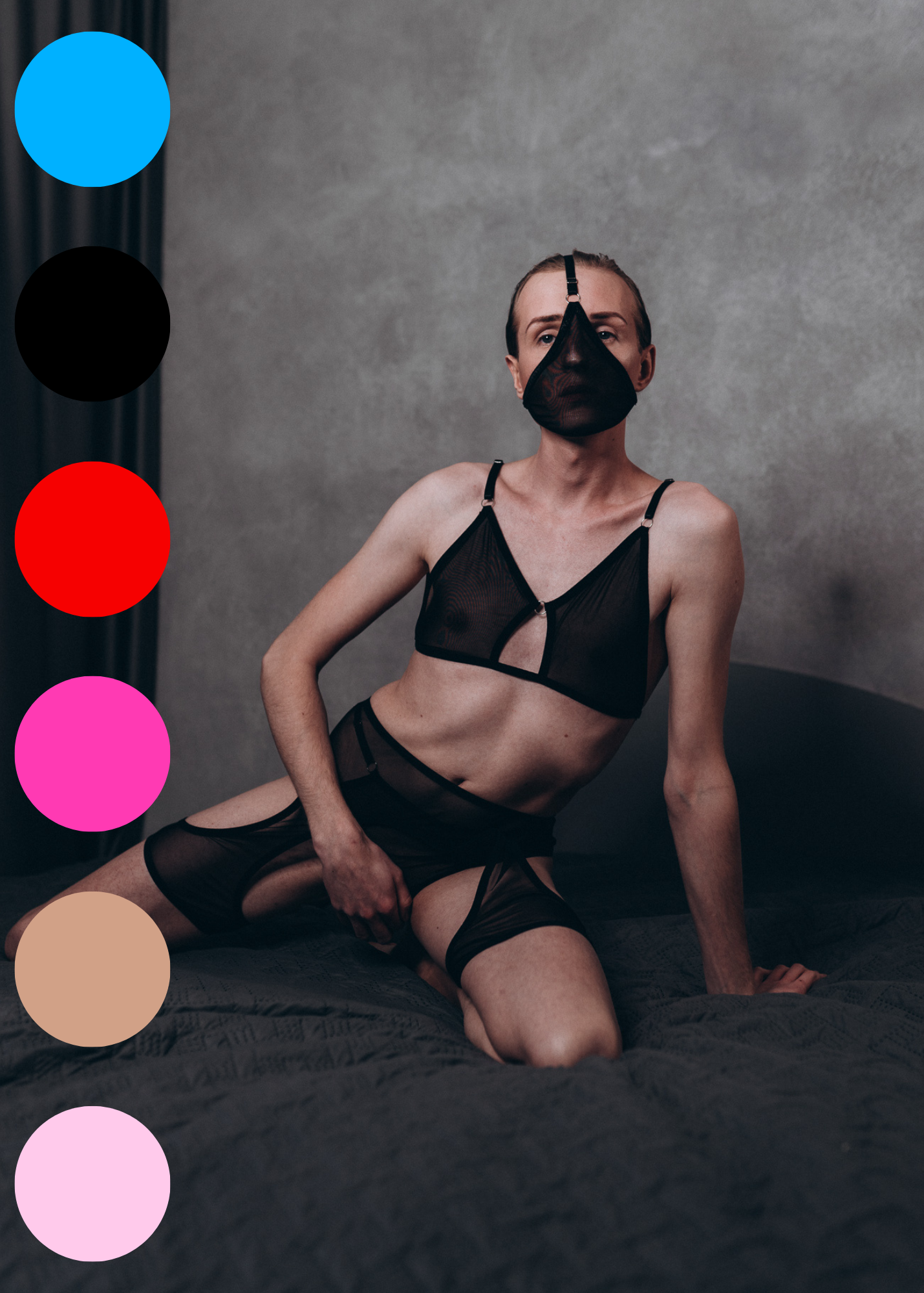Black mesh thong, top, and garterbelt set for men, crafted by Fireponyshop for a stylish and daring aesthetic