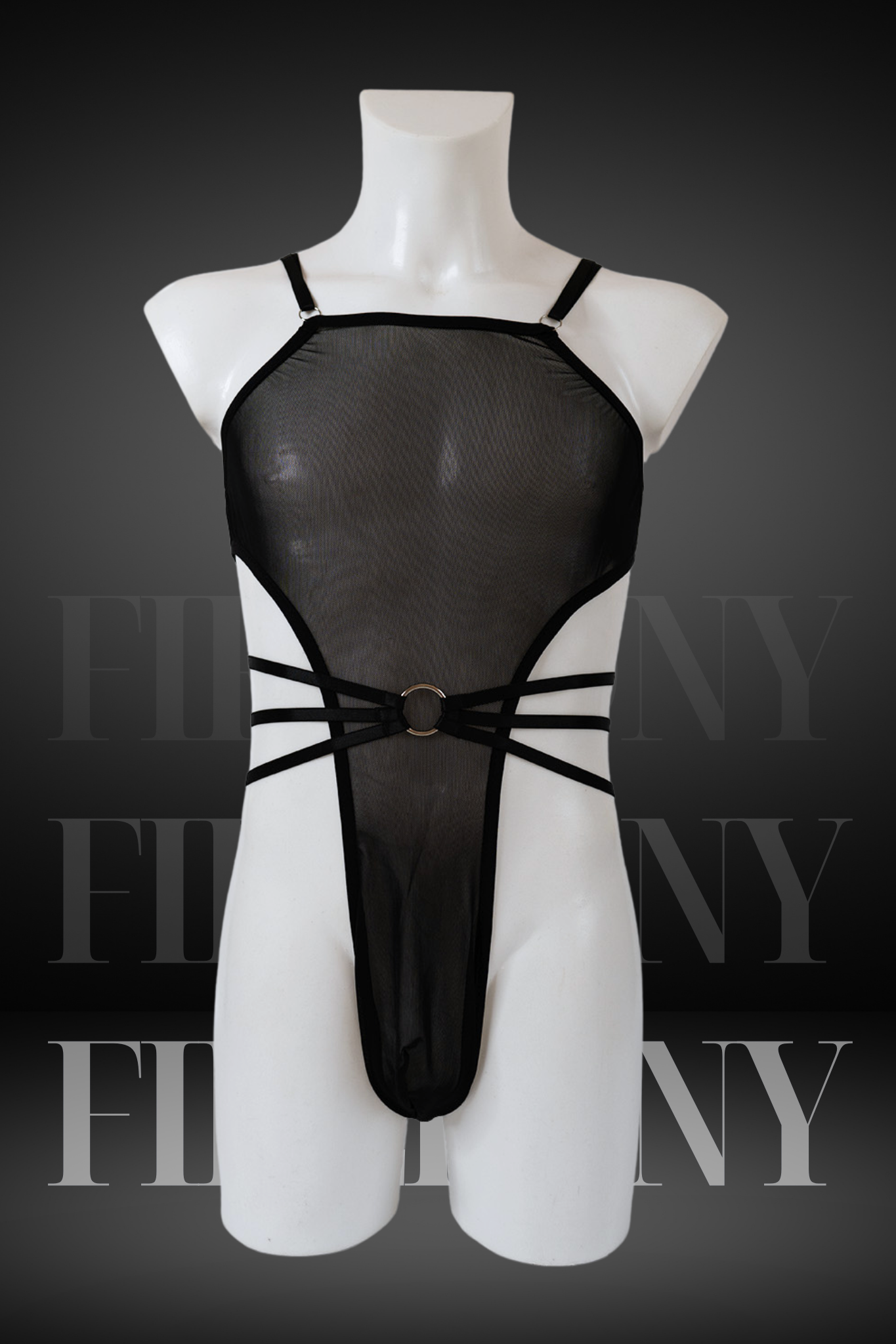 Front view of black sheer mesh bodysuit for men with thong back and strappy waist, displayed on a mannequin.