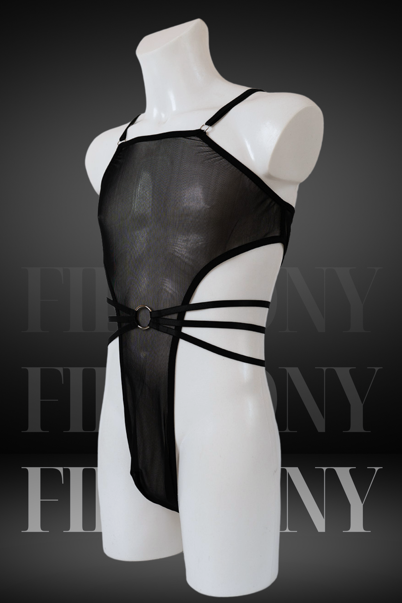 Side angle of black sheer men’s bodysuit showing adjustable straps and thong detail, displayed on a mannequin.