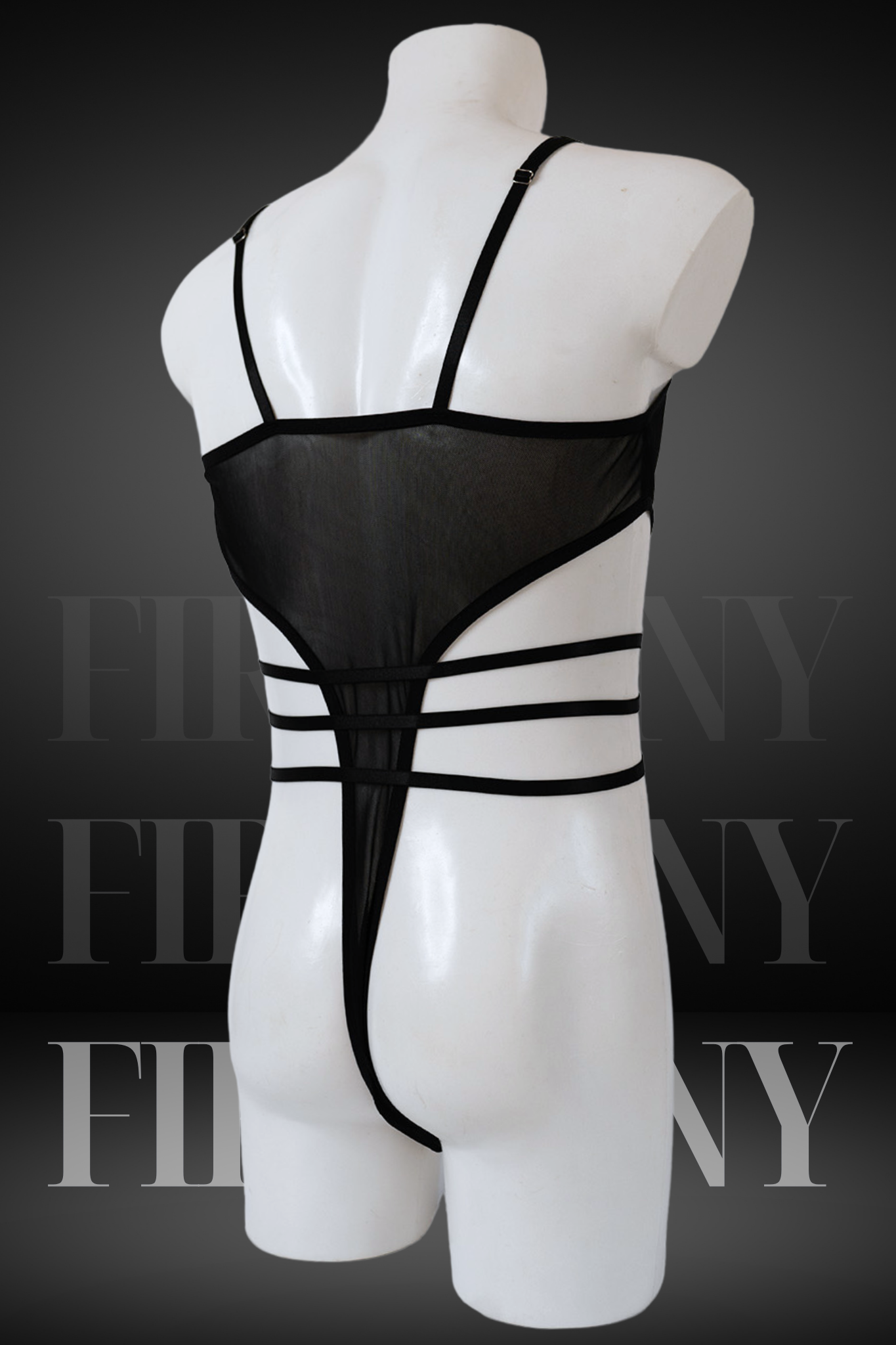 Back view of sexy black mesh bodysuit for men with high-cut thong and waist straps, on mannequin.