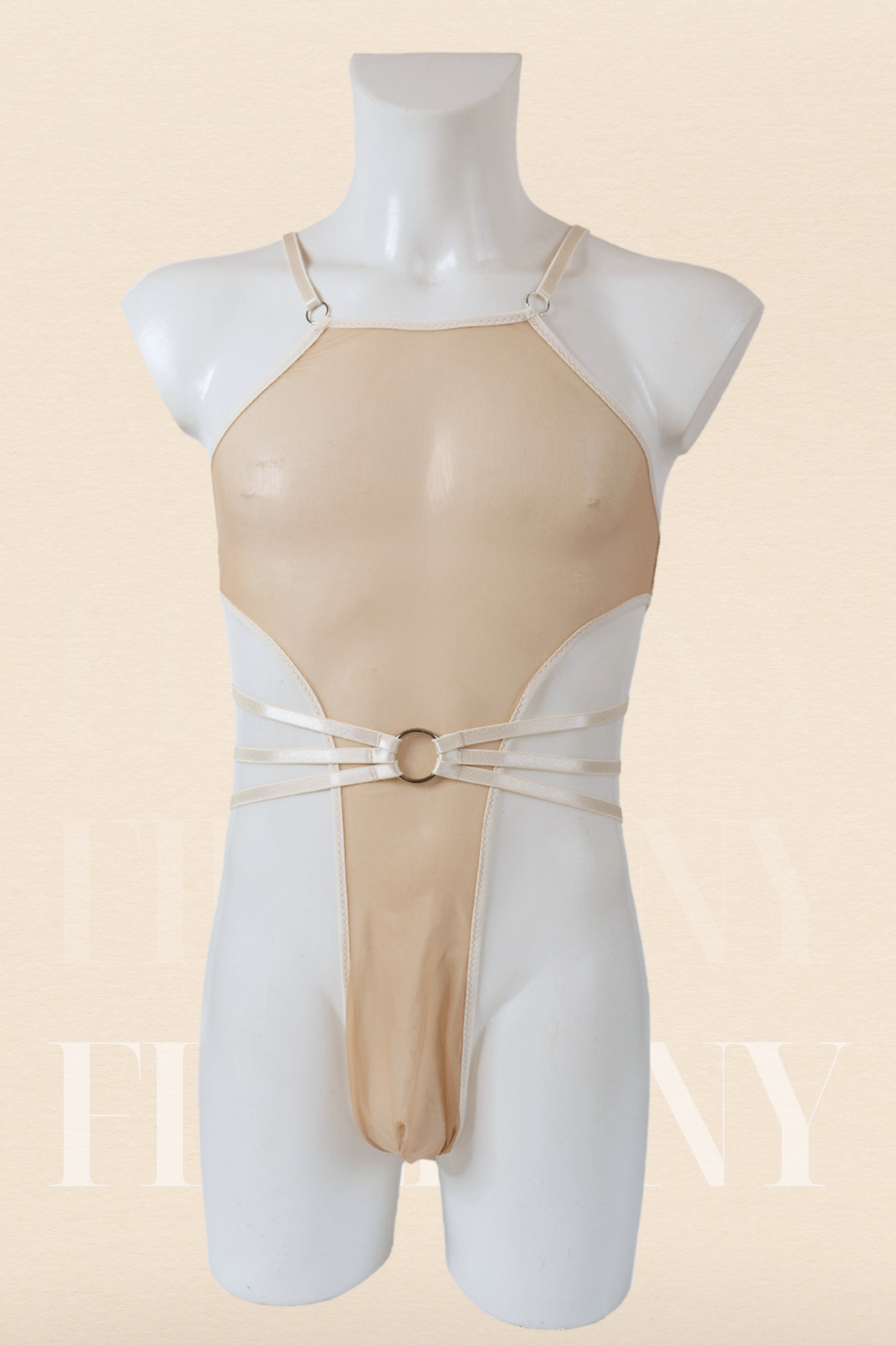 Front view of nude sheer mesh bodysuit for men with O-ring waist and strappy design.
