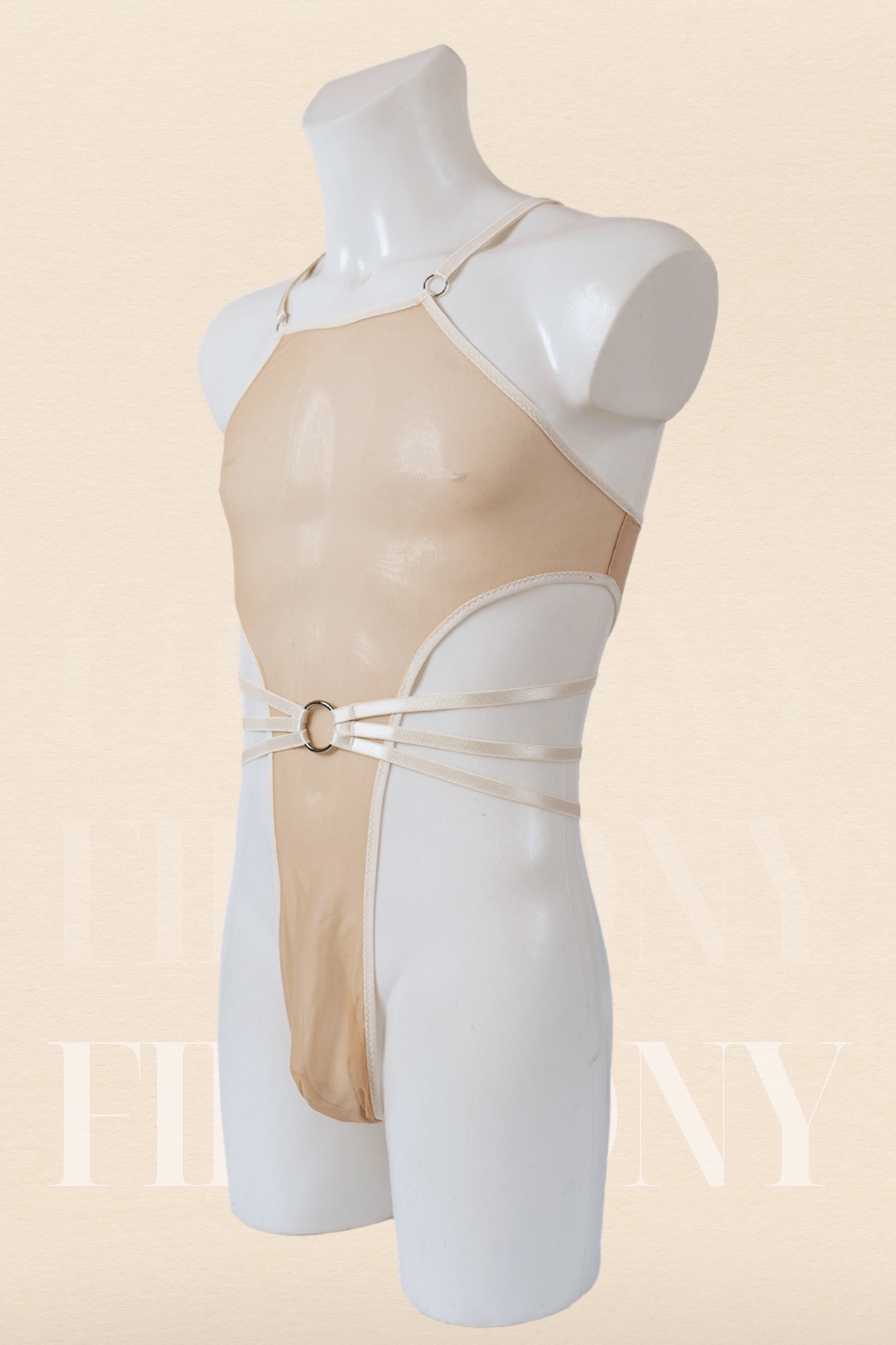 Side view of nude men’s mesh thong bodysuit showing adjustable straps and cutout details.