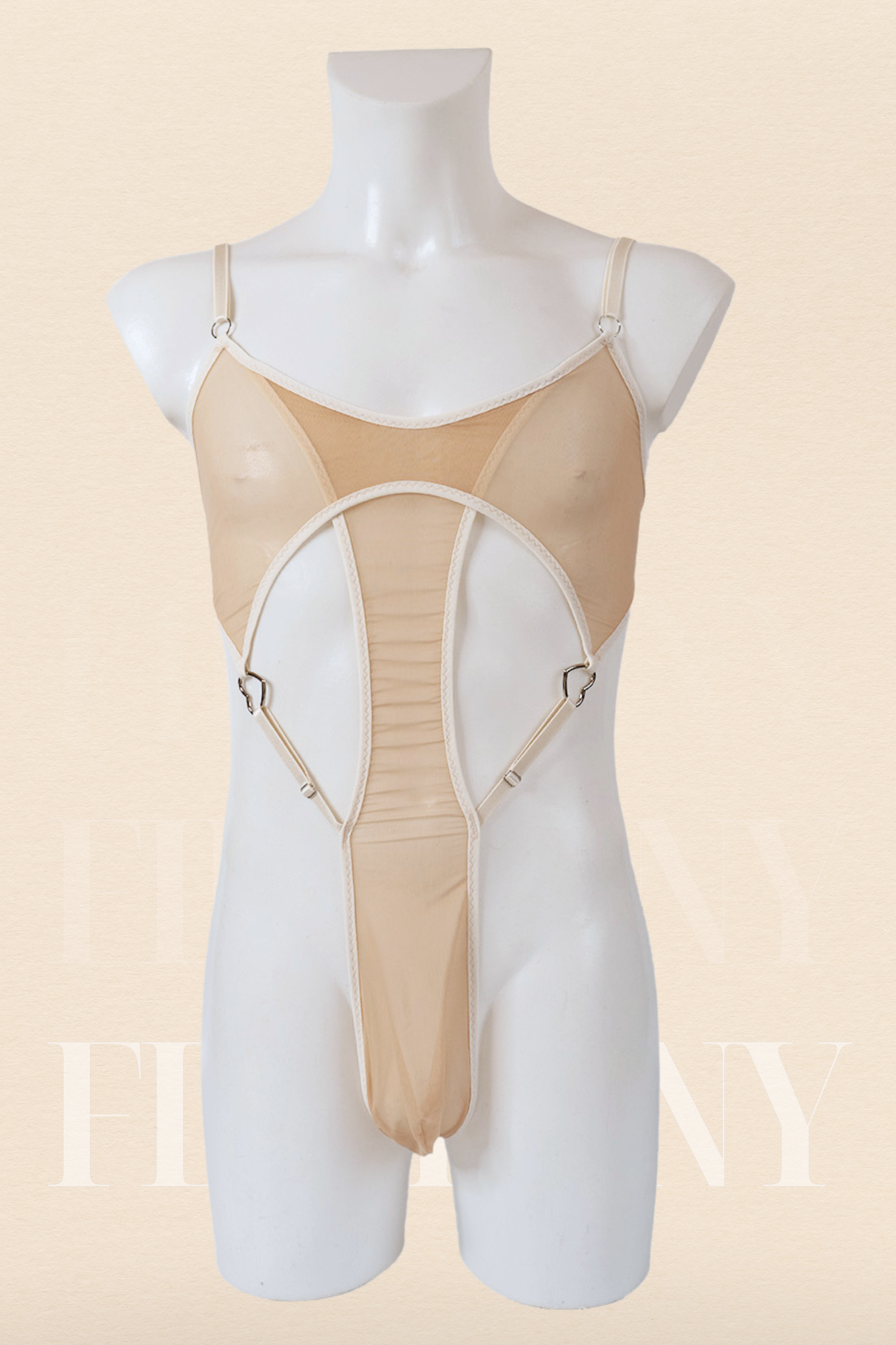 Nude Mesh Bodysuit for Men – Sissy Lingerie Thong Bodysuit – See Through One Piece for Gay Men & Femboys – Sexy Open Back FirePony Design
