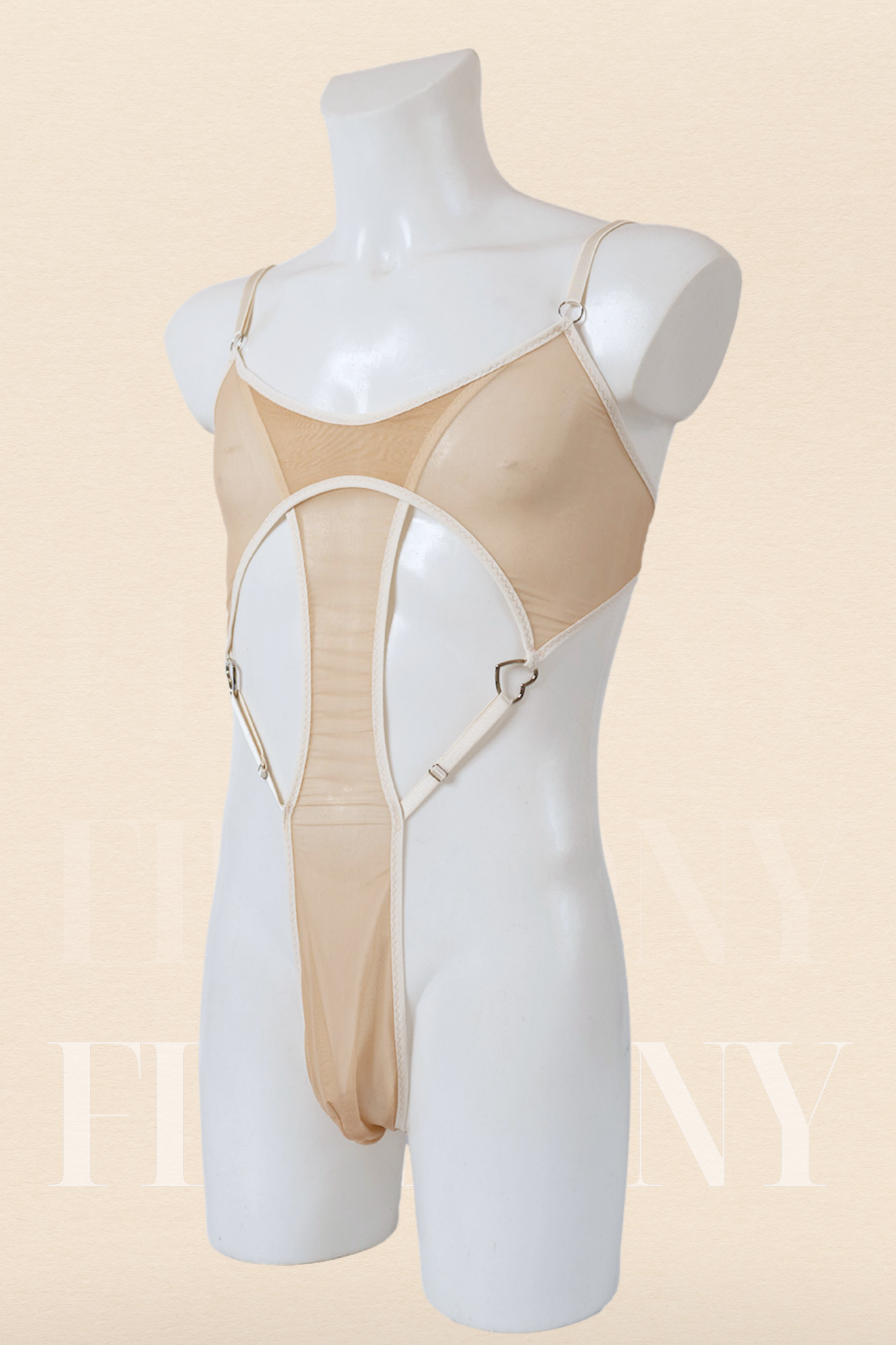 Nude Mesh Bodysuit for Men – Sissy Lingerie Thong Bodysuit – See Through One Piece for Gay Men & Femboys – Sexy Open Back FirePony Design