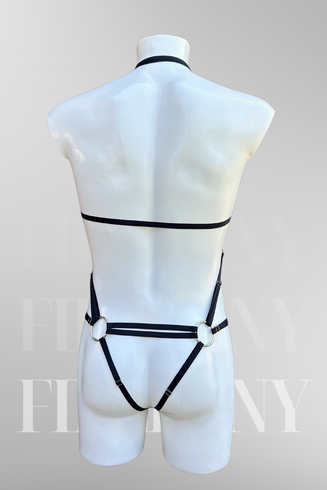 Back view of the harness showing the minimalist thong and waist strap.