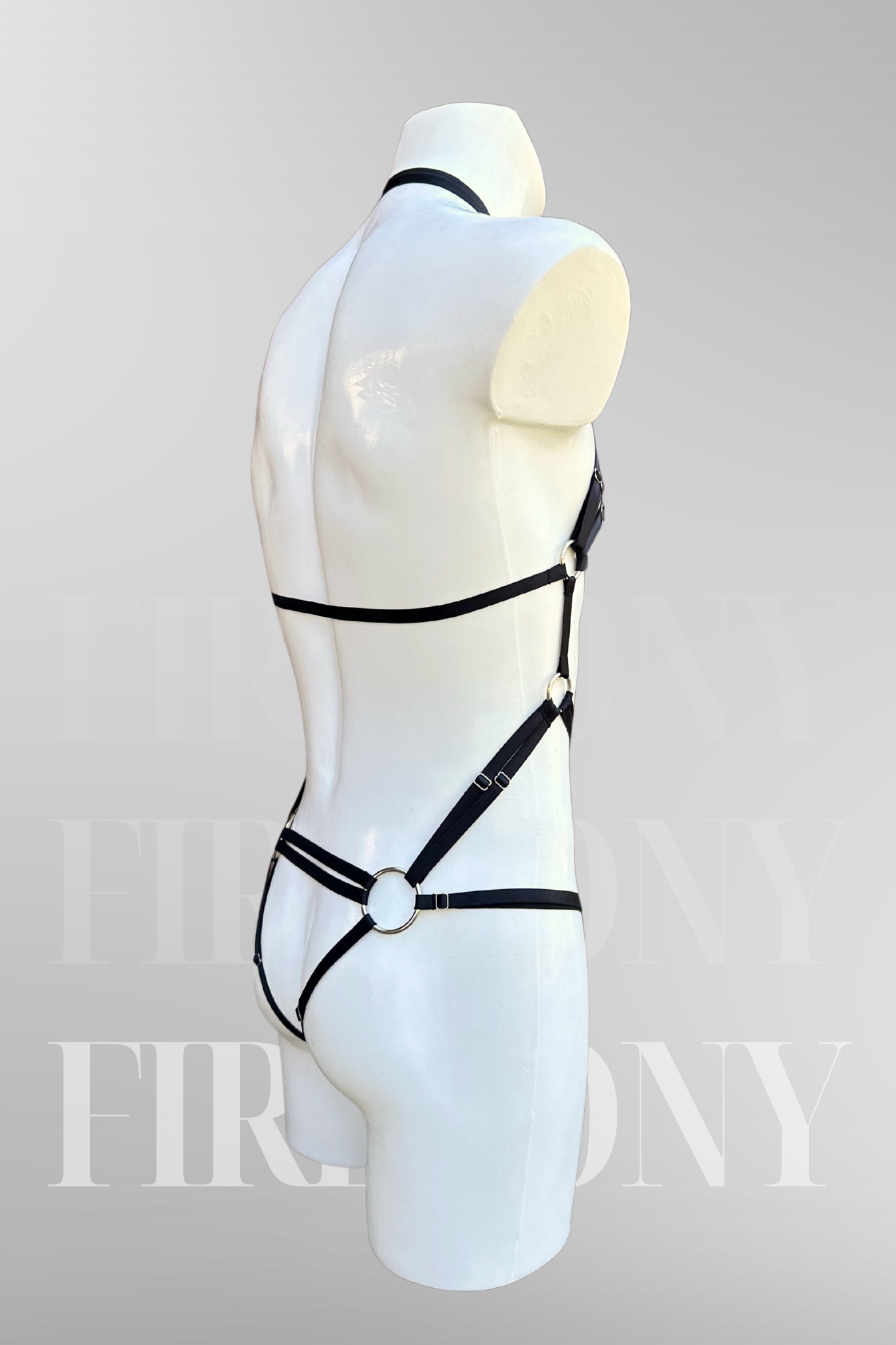 Angled back view of the men’s strappy harness with silver O-rings and thong detail.
