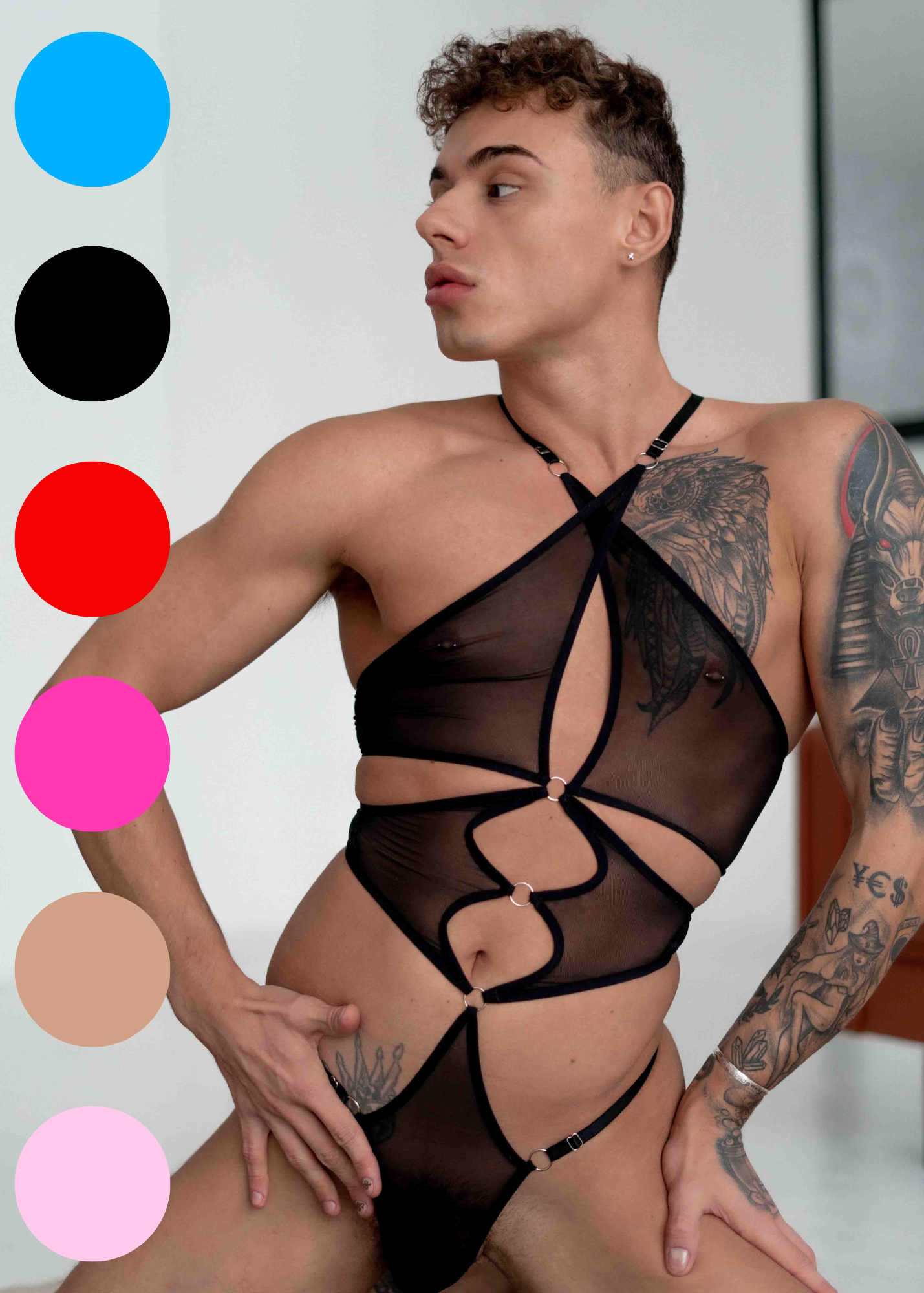 Men's black mesh bodysuit with cut-out details – daring thong style