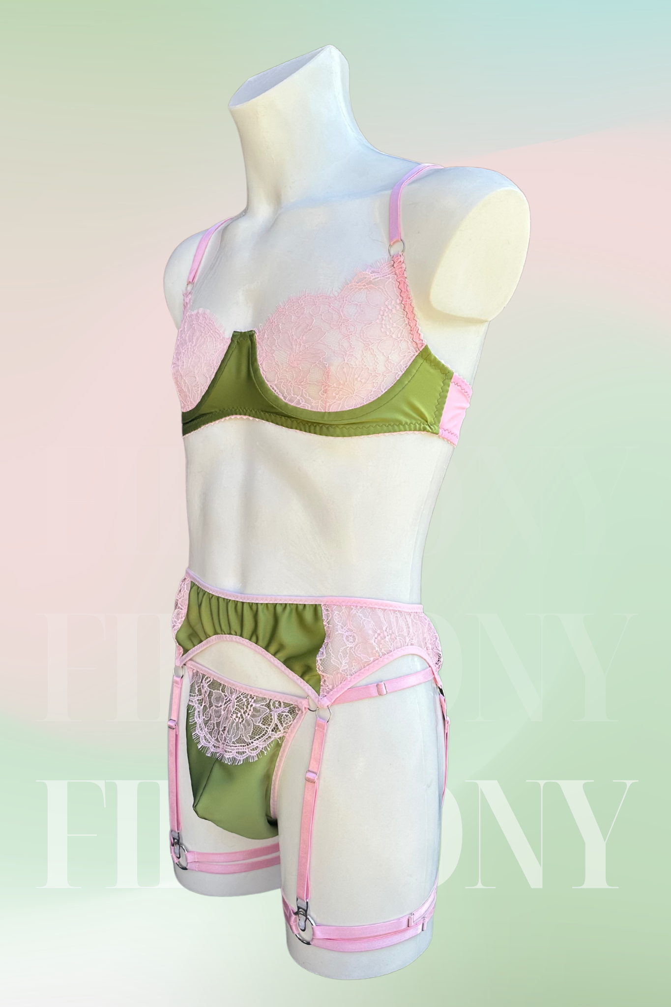 Side view of the lingerie set highlighting the lace bra, thong, and garter details.