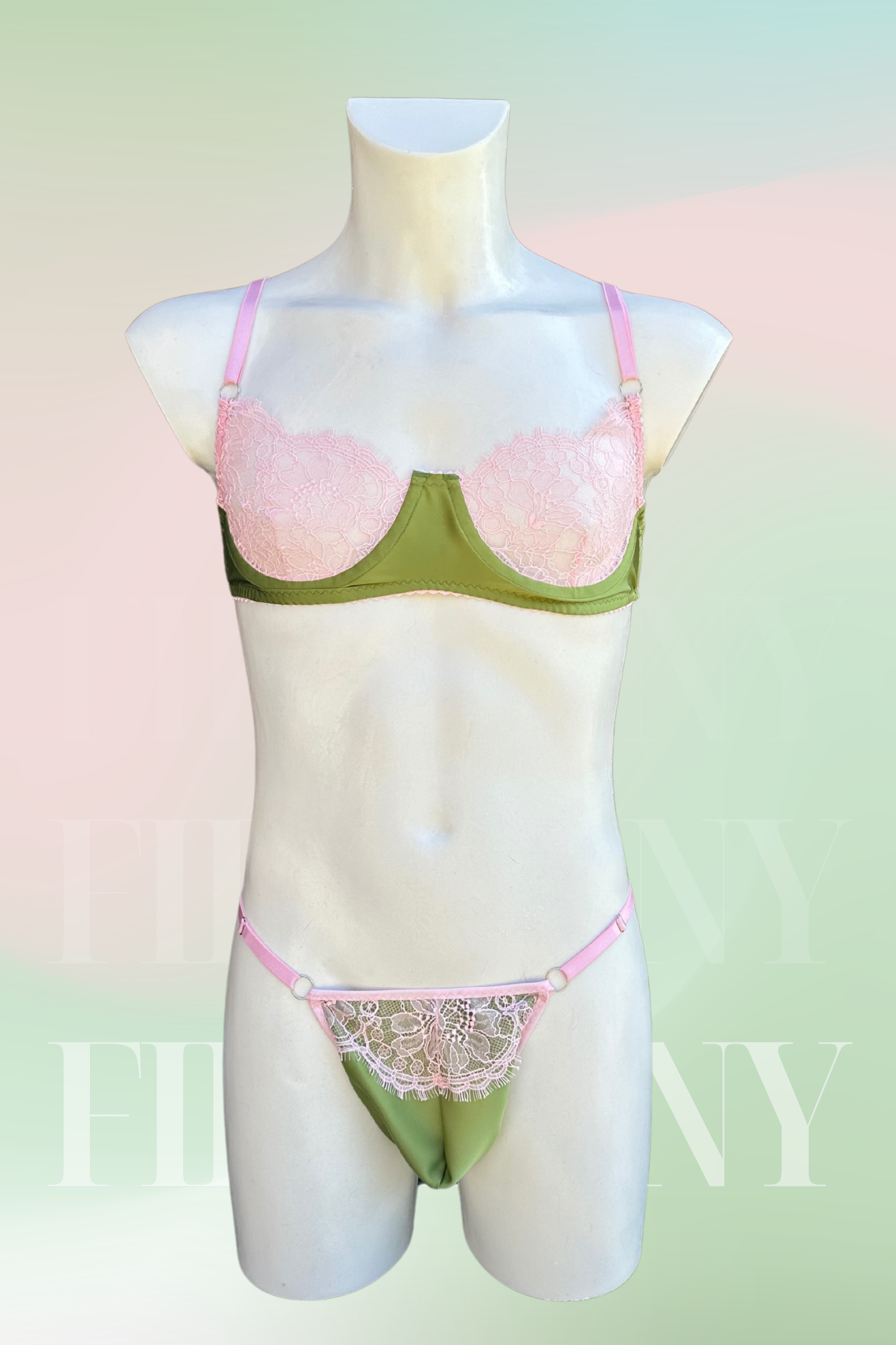 Pink & Olive Lace Femboy Lingerie Set – Bra, Thong & Garter Belt – Men’s Sissy Lingerie with Pastel Touch