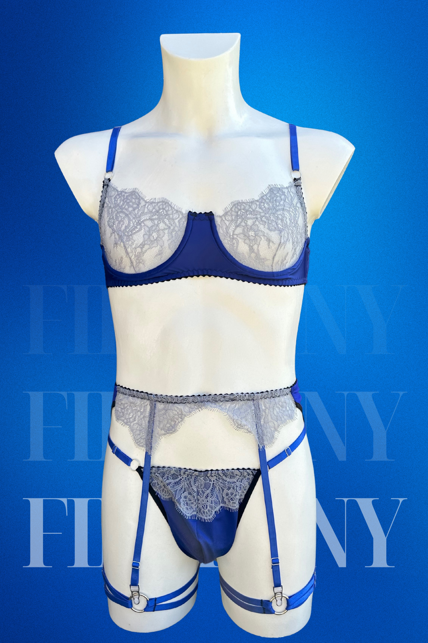Royal Blue Lace Femboy Lingerie Set – Underwire Bra, Thong & Garter Belt – Sexy Men’s Lingerie with Silver Lace