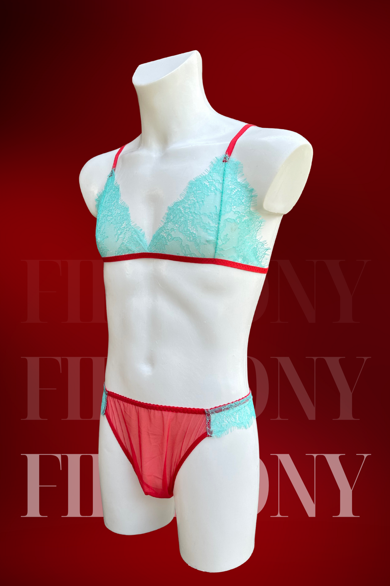Mens Sissy Femboy Lingerie – Mint Lace Bralette and See-Through Panties