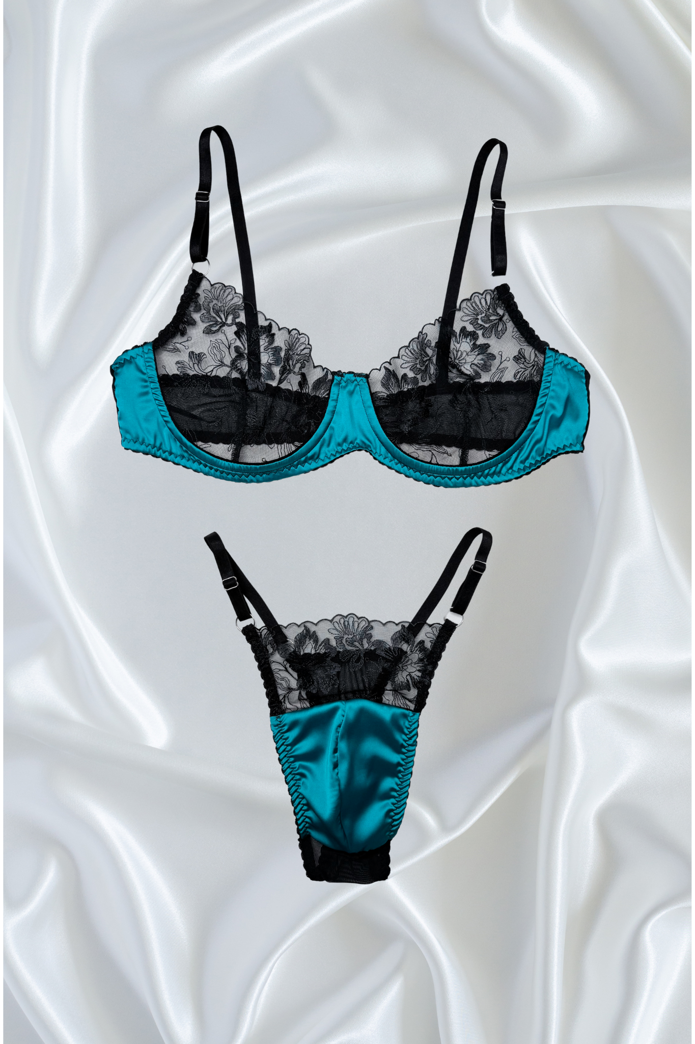 Emerald & Black Lace Men’s Lingerie Set – Luxury Floral Mesh Bra & Thong