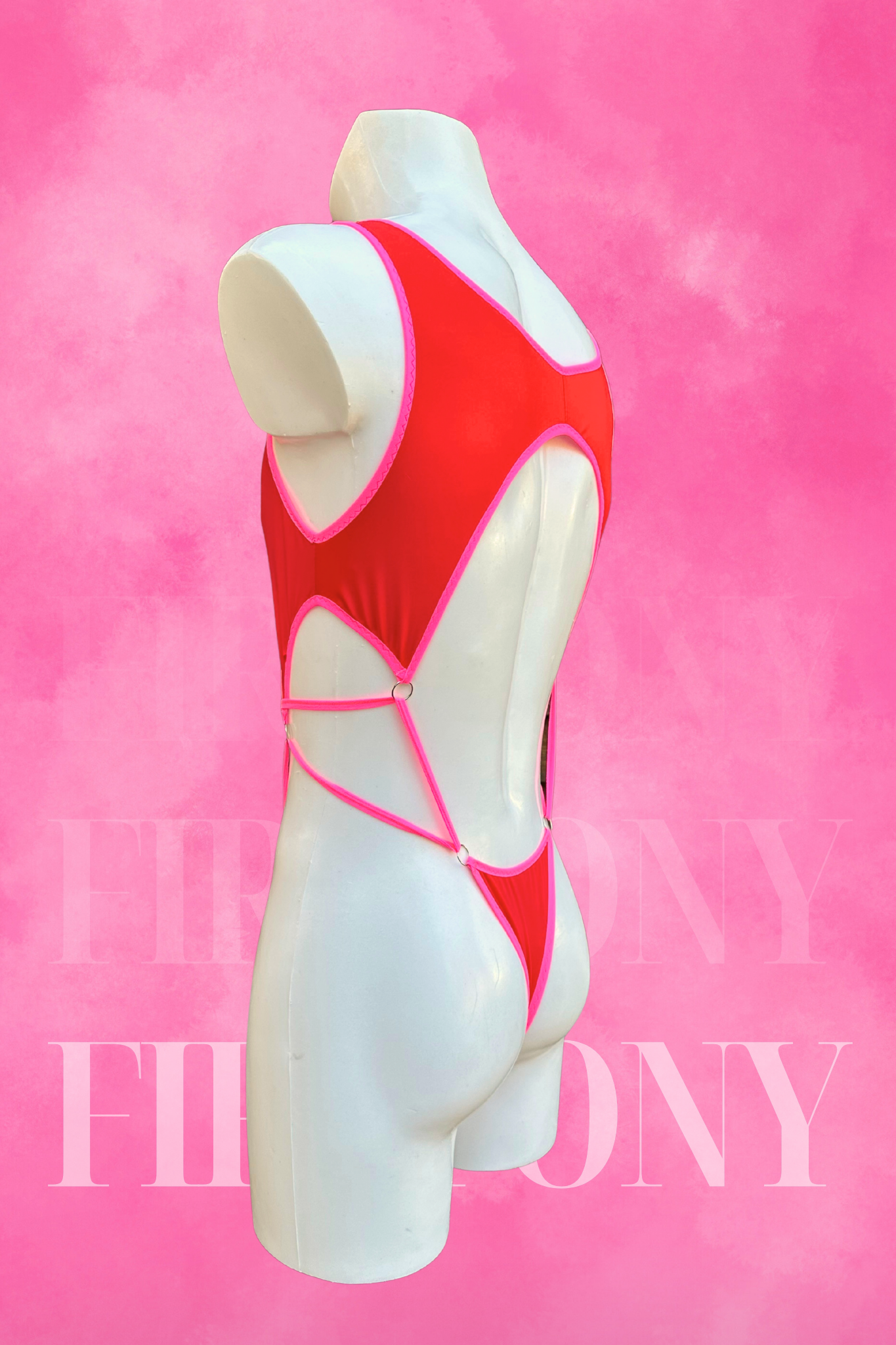 Hot Red Cut-Out Bodysuit Swimsuit for Men - Mens Leotard, Two-Pieces Bodysuit, Handmade Festival Outfit | Fireponyshop
