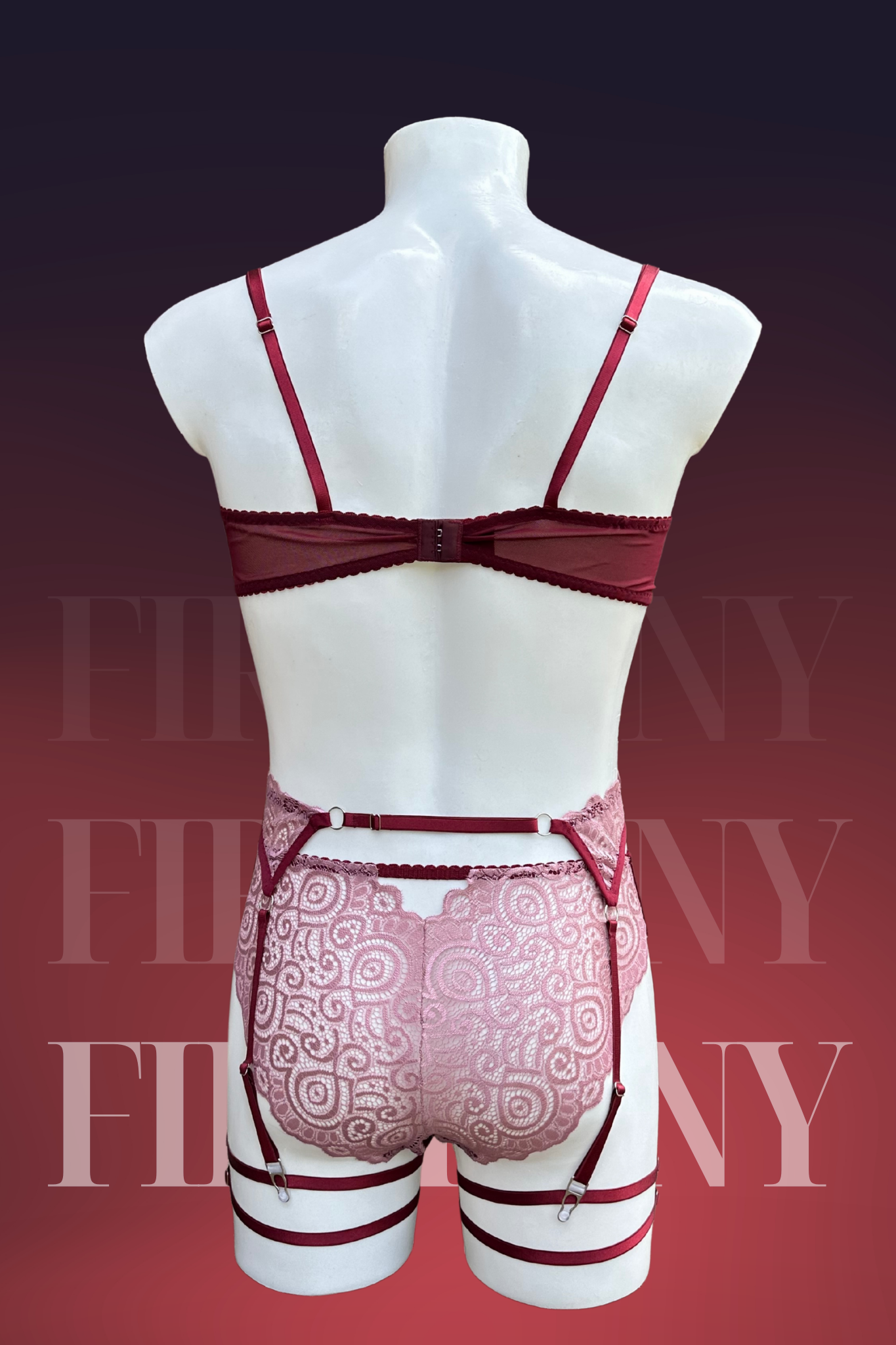 Burgundy & Blush Lace Men’s Lingerie Set – Sheer Bra, High-Waist Panties & Garter Belt with Leg Straps – Sissy Lingerie, Gay Underwear