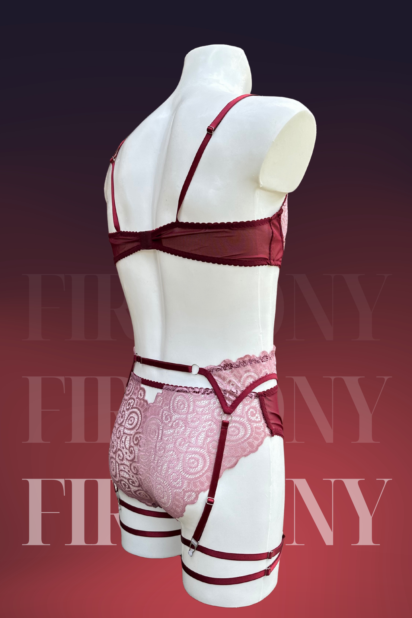 Burgundy & Blush Lace Men’s Lingerie Set – Sheer Bra, High-Waist Panties & Garter Belt with Leg Straps – Sissy Lingerie, Gay Underwear