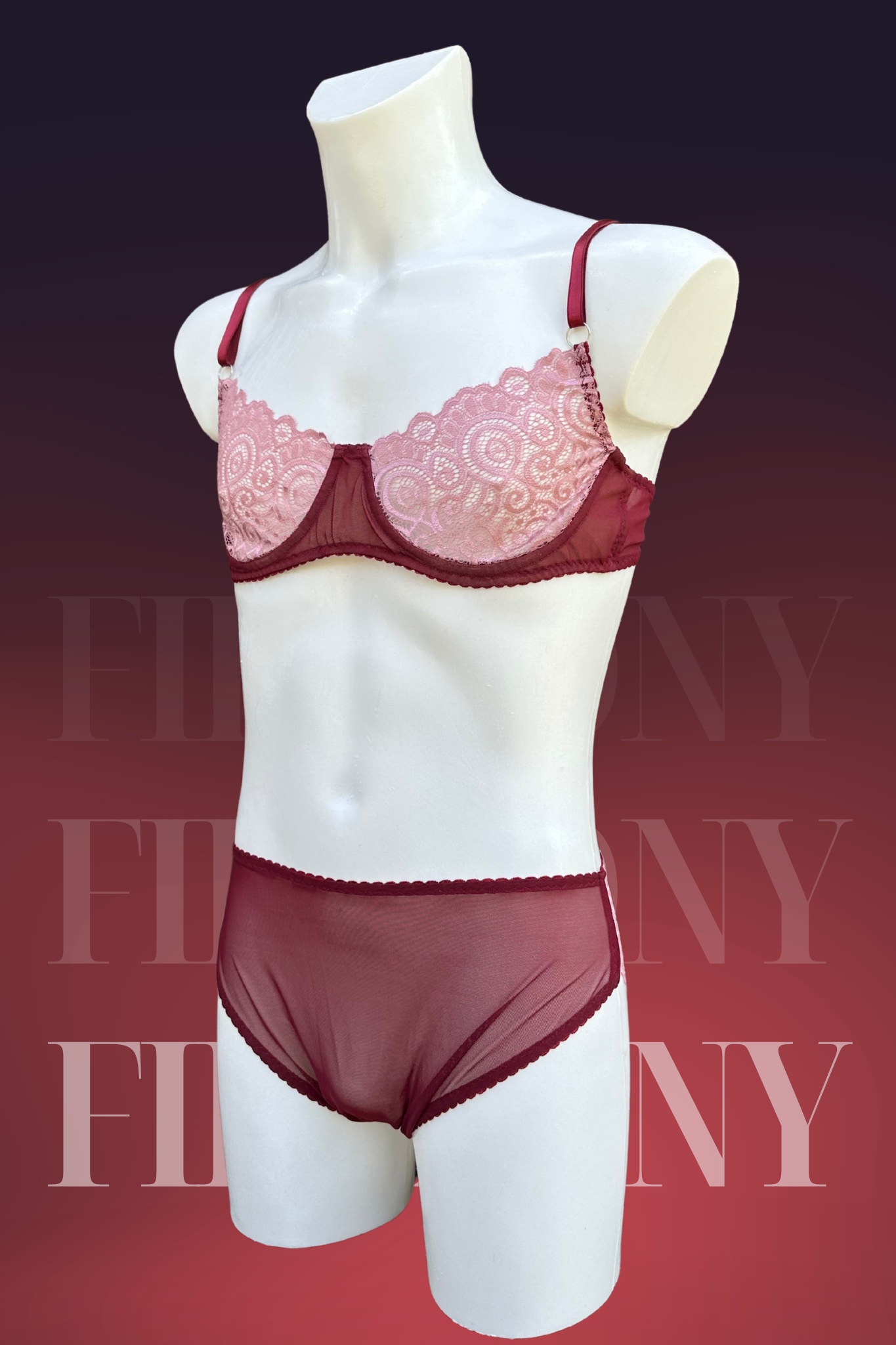 Burgundy & Blush Lace Men’s Lingerie Set – Sheer Bra, High-Waist Panties & Garter Belt with Leg Straps – Sissy Lingerie, Gay Underwear