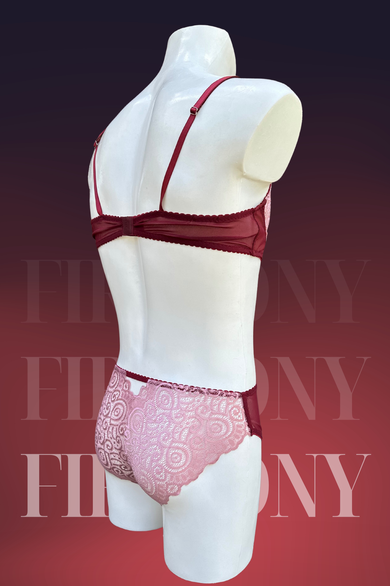 Burgundy & Blush Lace Men’s Lingerie Set – Sheer Bra, High-Waist Panties & Garter Belt with Leg Straps – Sissy Lingerie, Gay Underwear