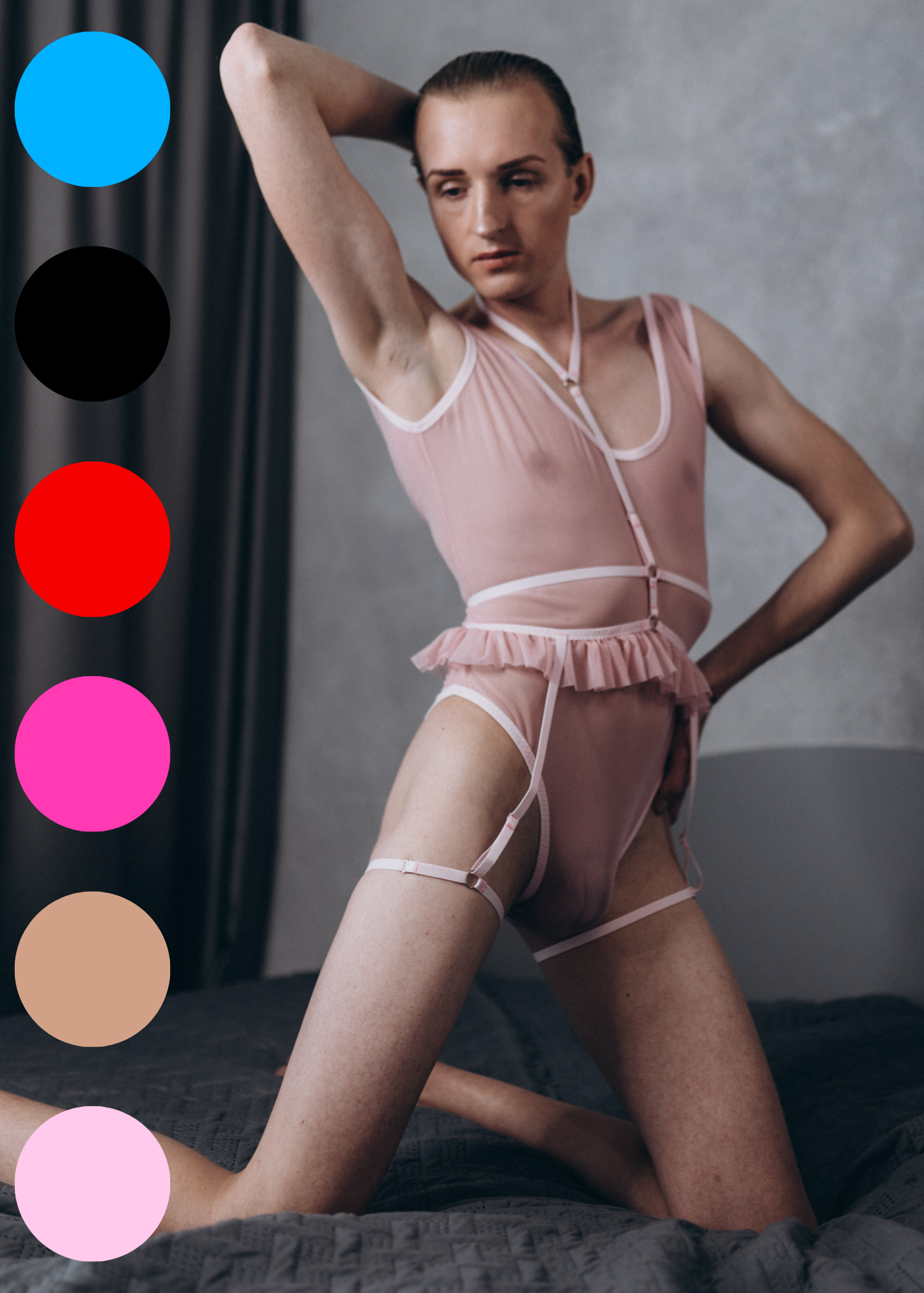 Close-up of ruffle harness on light pink mesh thong bodysuit