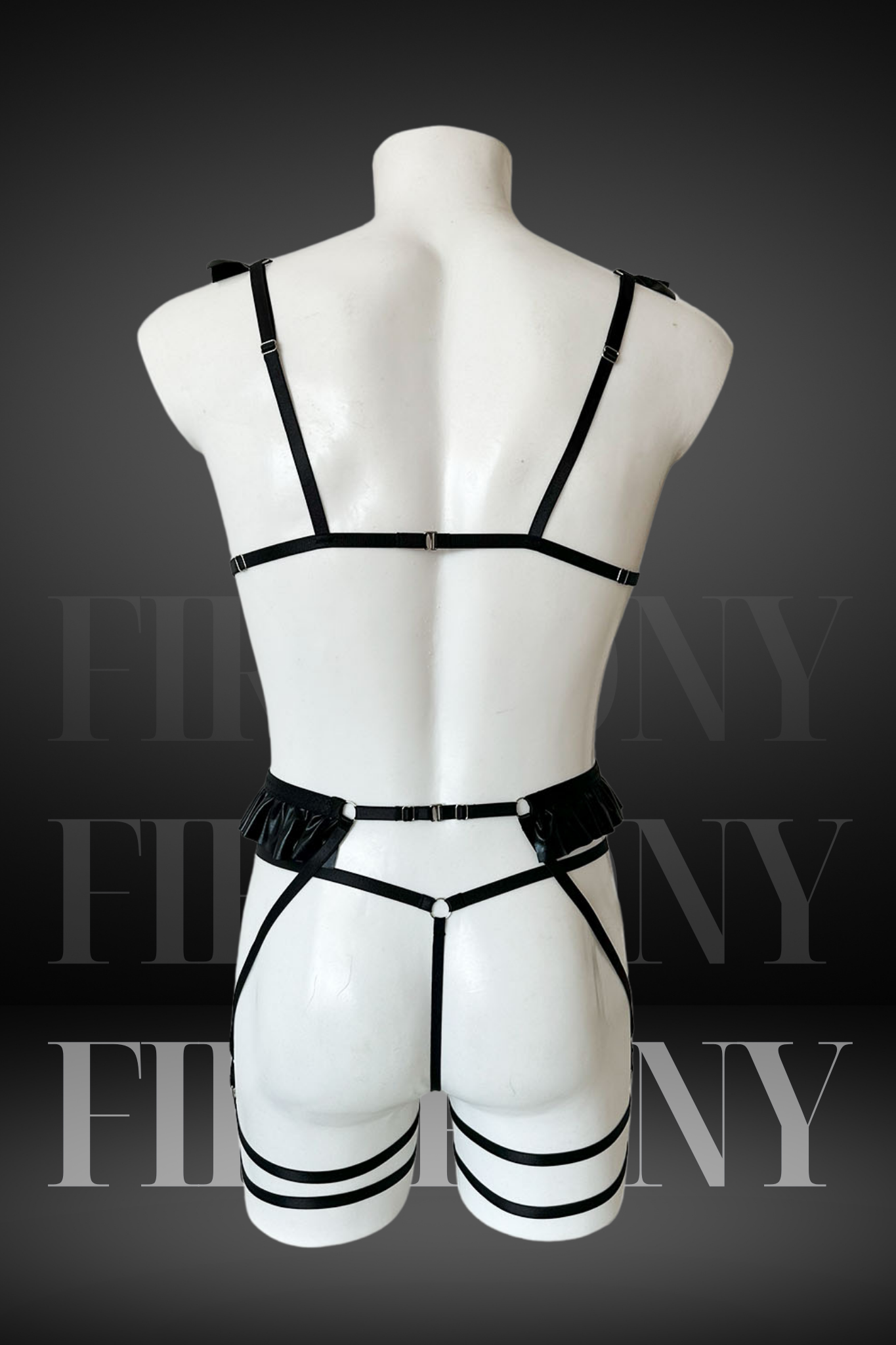Back view of black strappy men’s harness lingerie with thong and garter straps