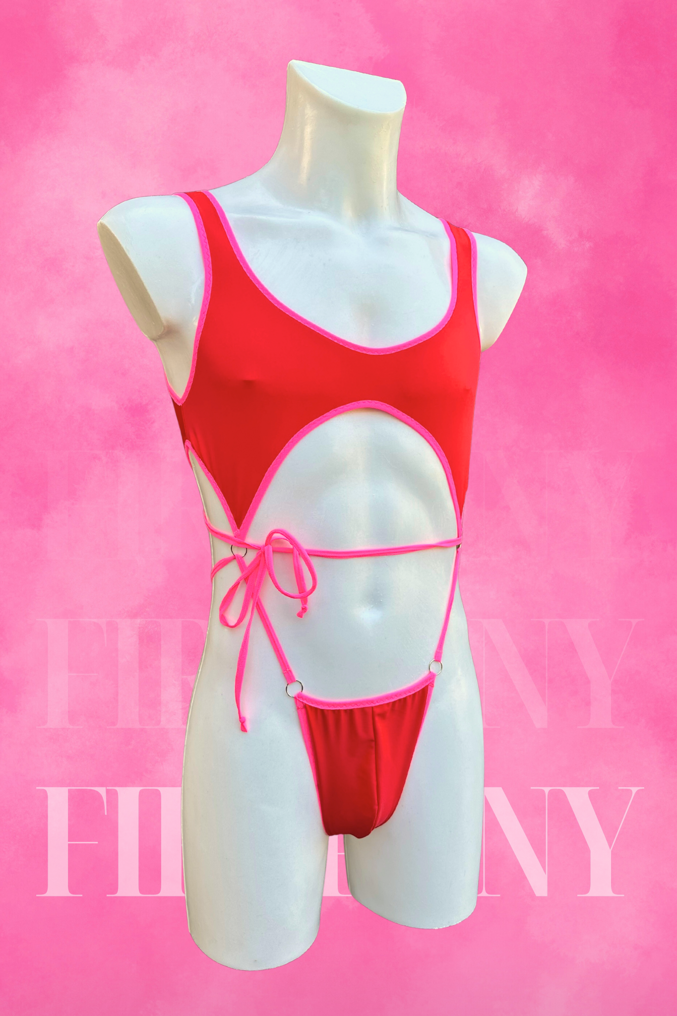 Hot Red Cut-Out Bodysuit Swimsuit for Men - Mens Leotard, Two-Pieces Bodysuit, Handmade Festival Outfit | Fireponyshop