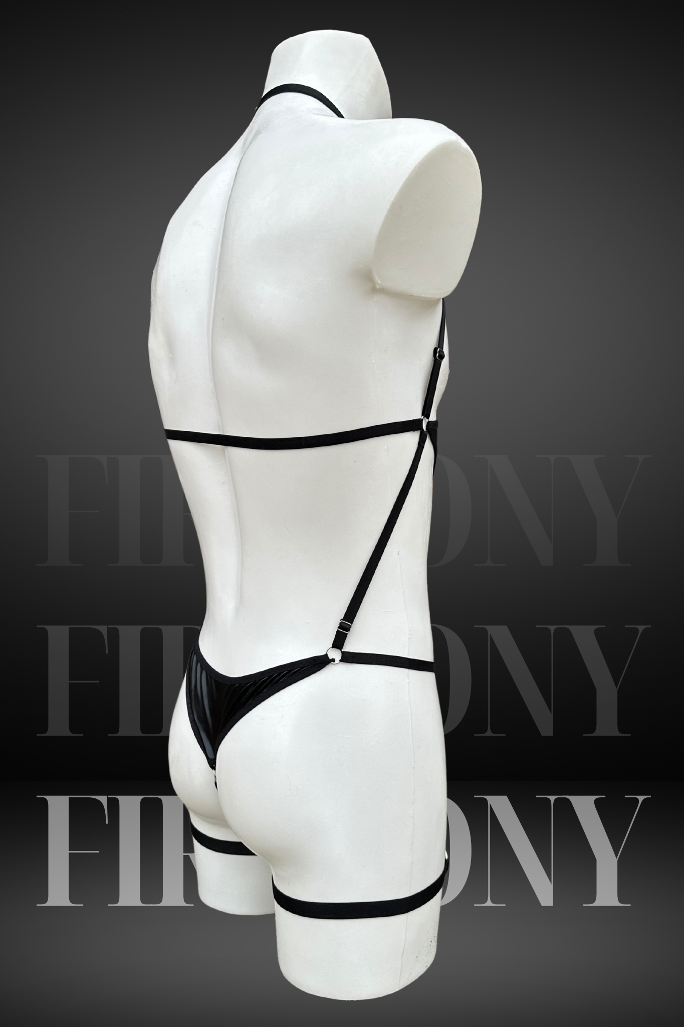 Back view of a men's wetlook thong bodysuit with strappy detailing and adjustable straps.