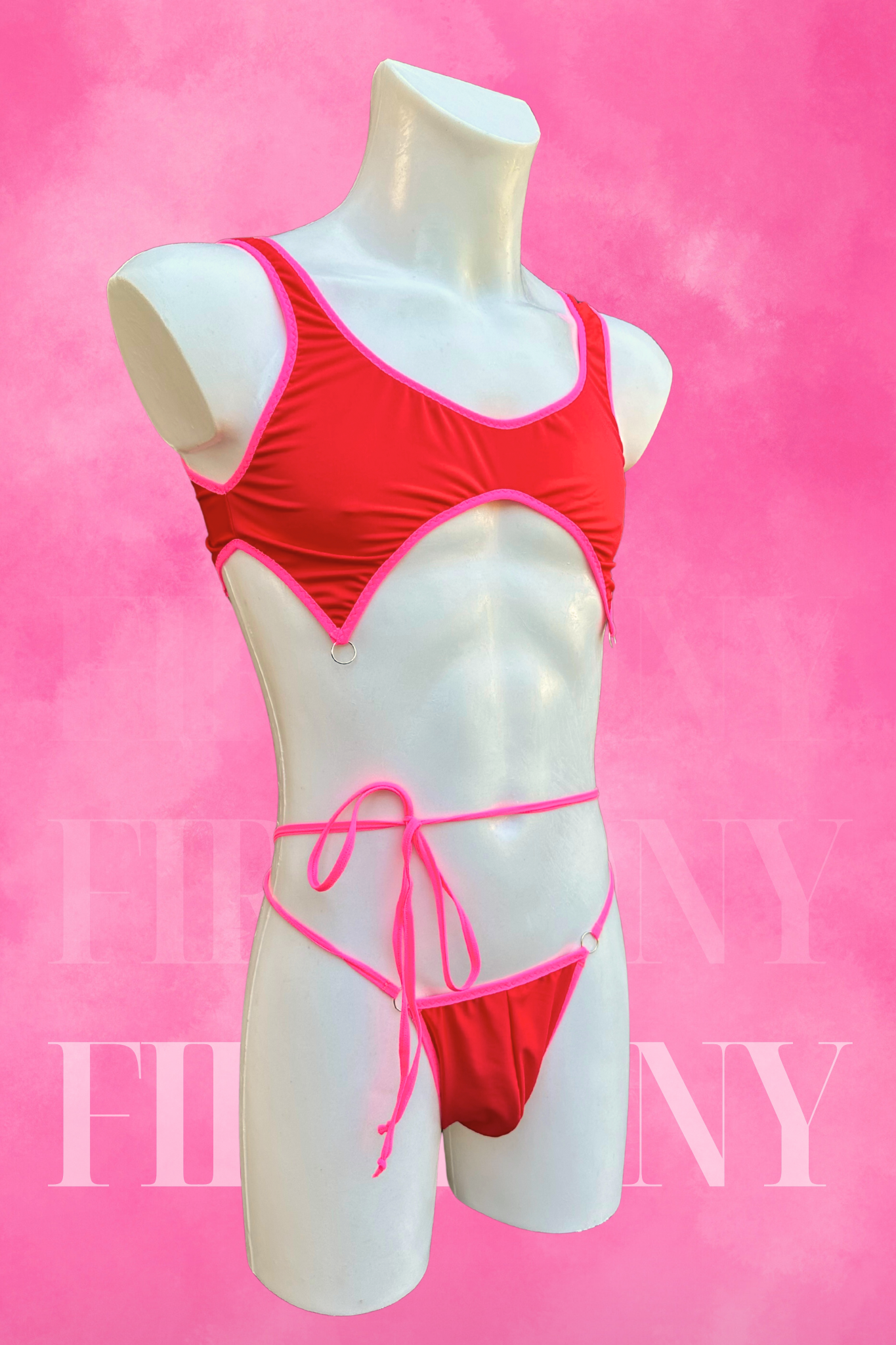 Hot Red Cut-Out Bodysuit Swimsuit for Men - Mens Leotard, Two-Pieces Bodysuit, Handmade Festival Outfit | Fireponyshop