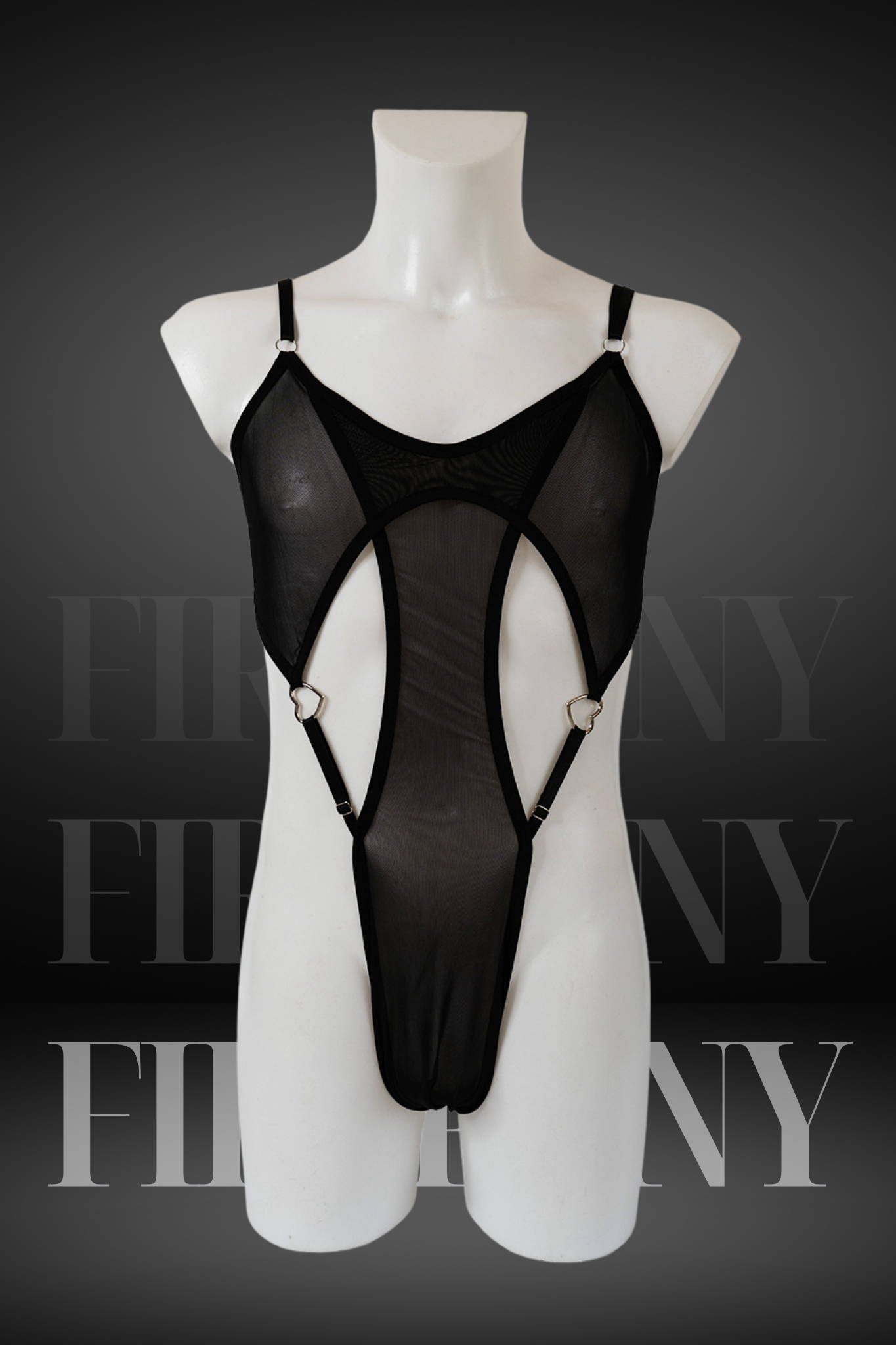 Front view of black mesh cut-out bodysuit for men on mannequin