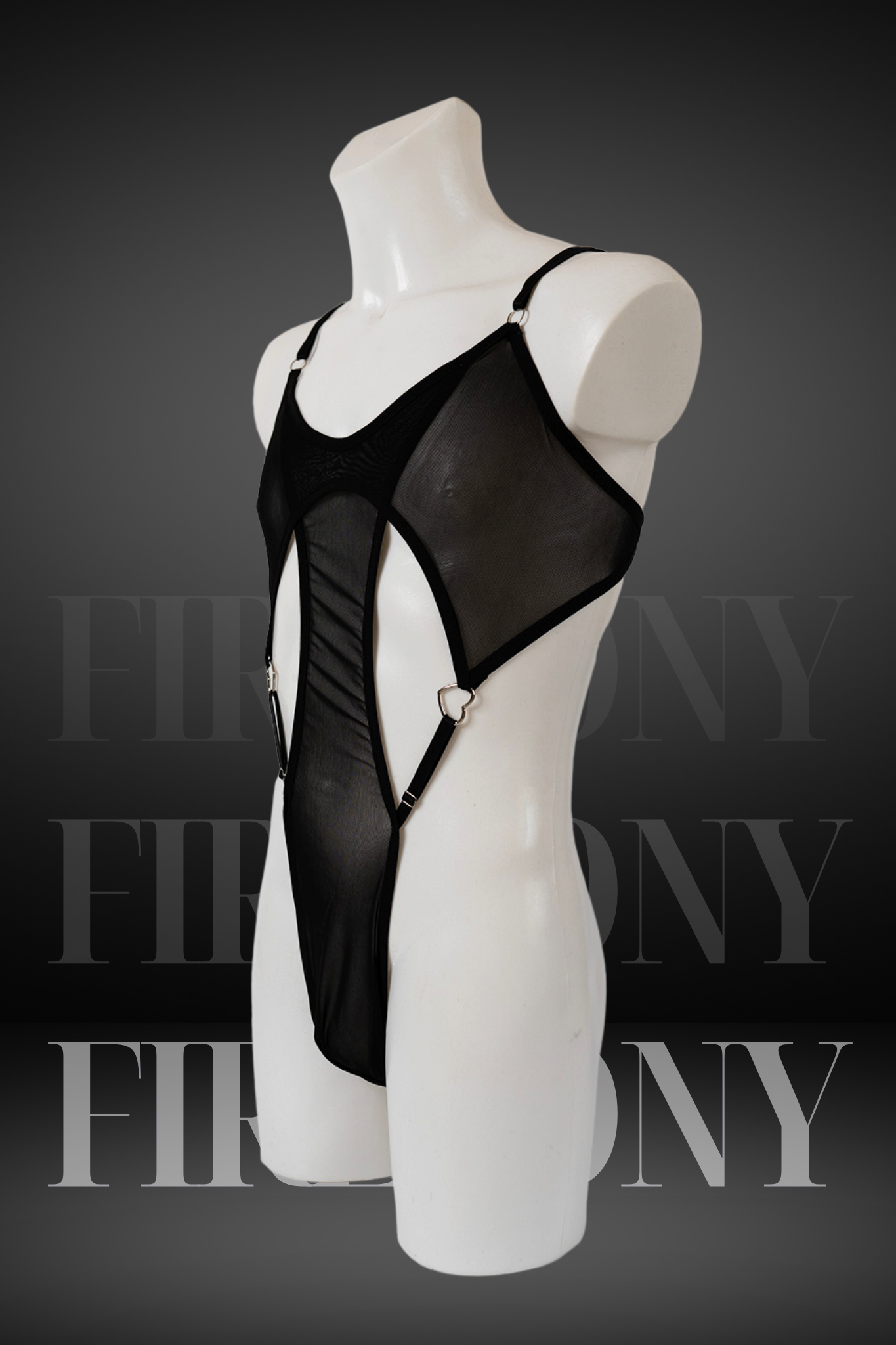 Side view of sheer black bodysuit with deep cut-outs and thong back