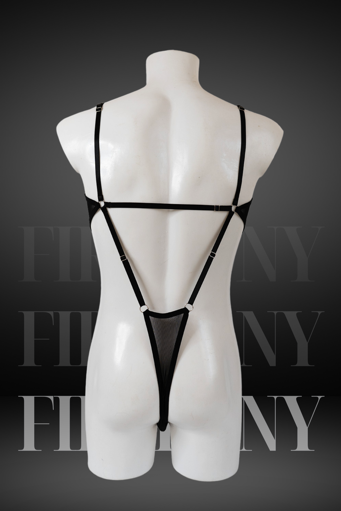 Back view of men’s black mesh thong bodysuit showing adjustable straps