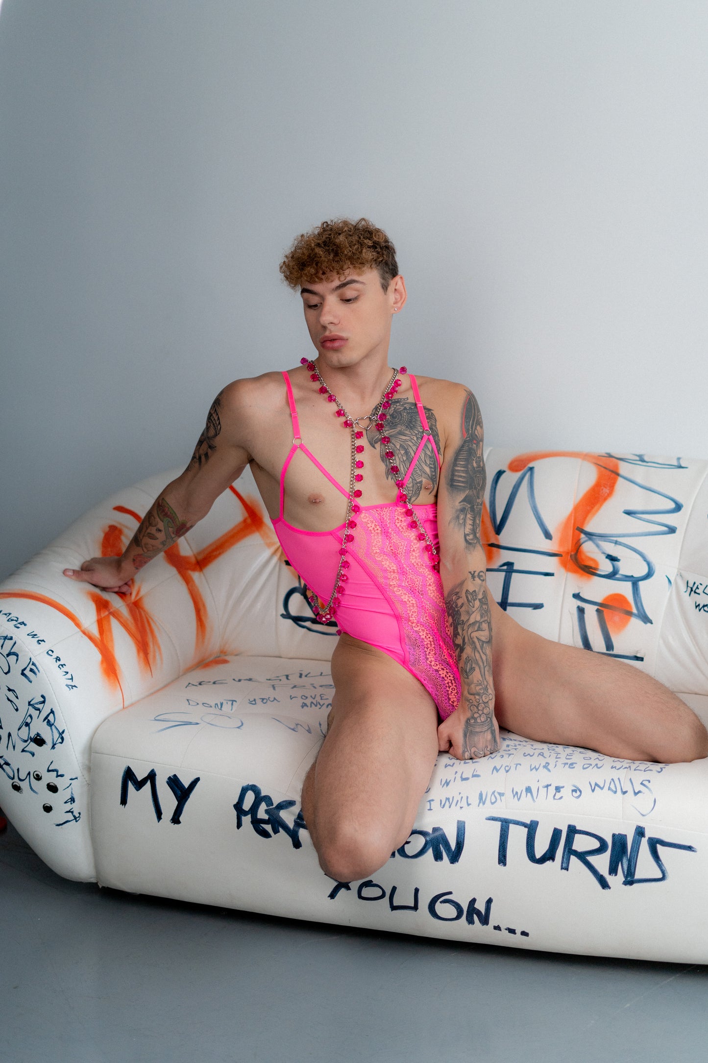 Pink crystal body chain harness for men, part of Fireponyshop’s stylish accessories collection."
