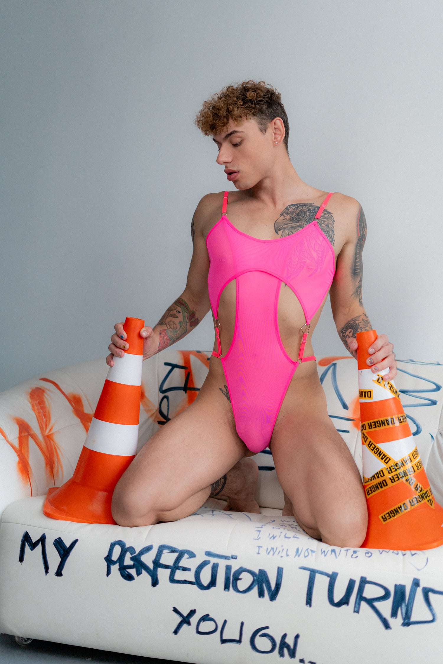 Pink men's mesh bodysuit – sexy thong design by Fireponyshop