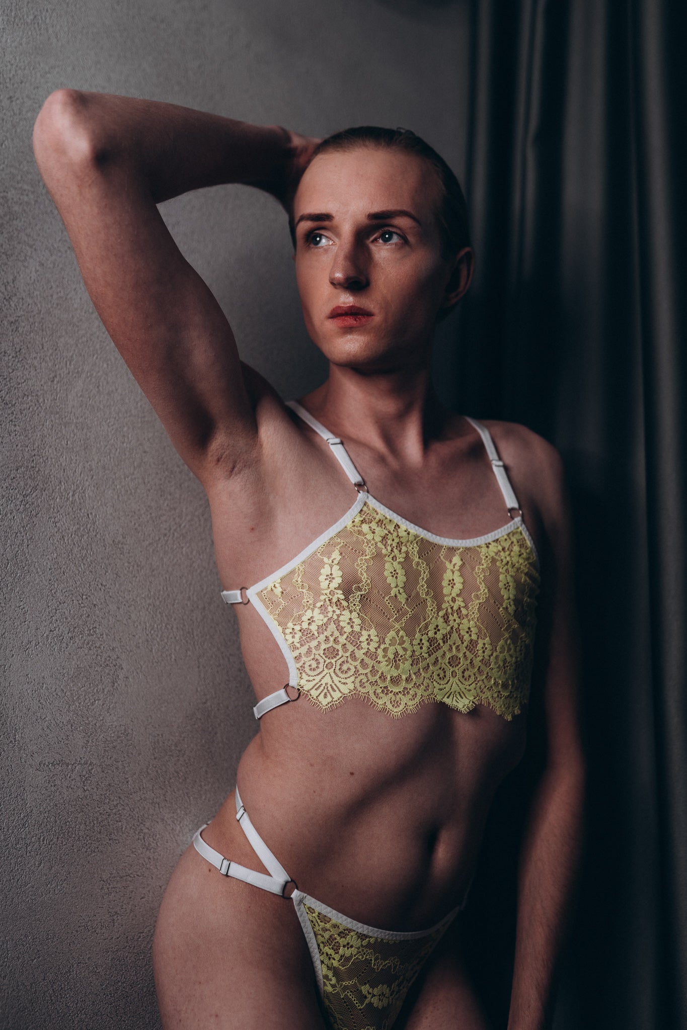 Men’s lace lingerie set, featuring a jockstrap and bra for a sexy, feminine look by Fireponyshop.