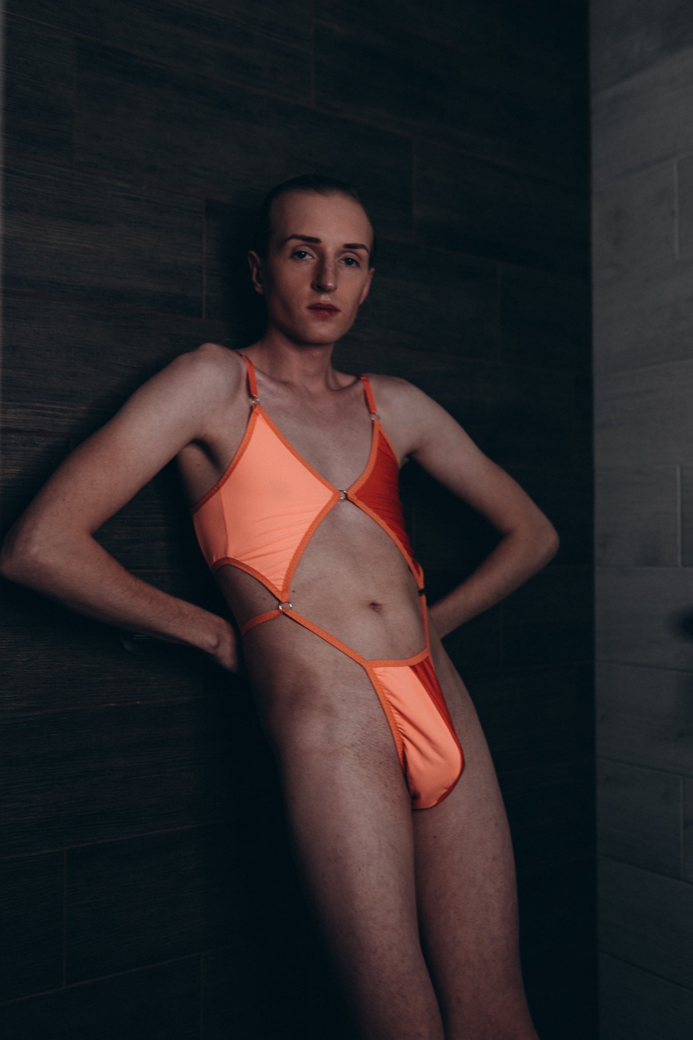 Orange Panel Thong Bodysuit for Men – Sexy Patchwork Swimsuit – Men’s High Cut One Piece Bodysuit