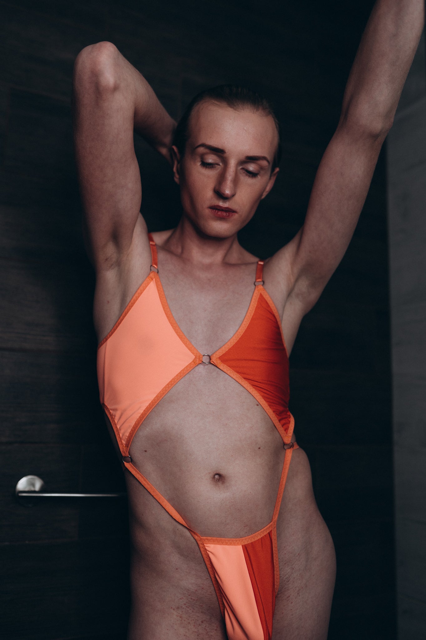 Orange Panel Thong Bodysuit for Men – Sexy Patchwork Swimsuit – Men’s High Cut One Piece Bodysuit