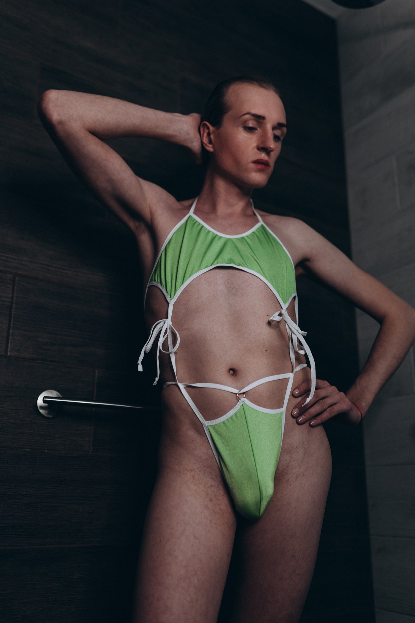 Neon Green Mens Thong Bikini Set – Sexy Cut Out Lingerie Set for Men