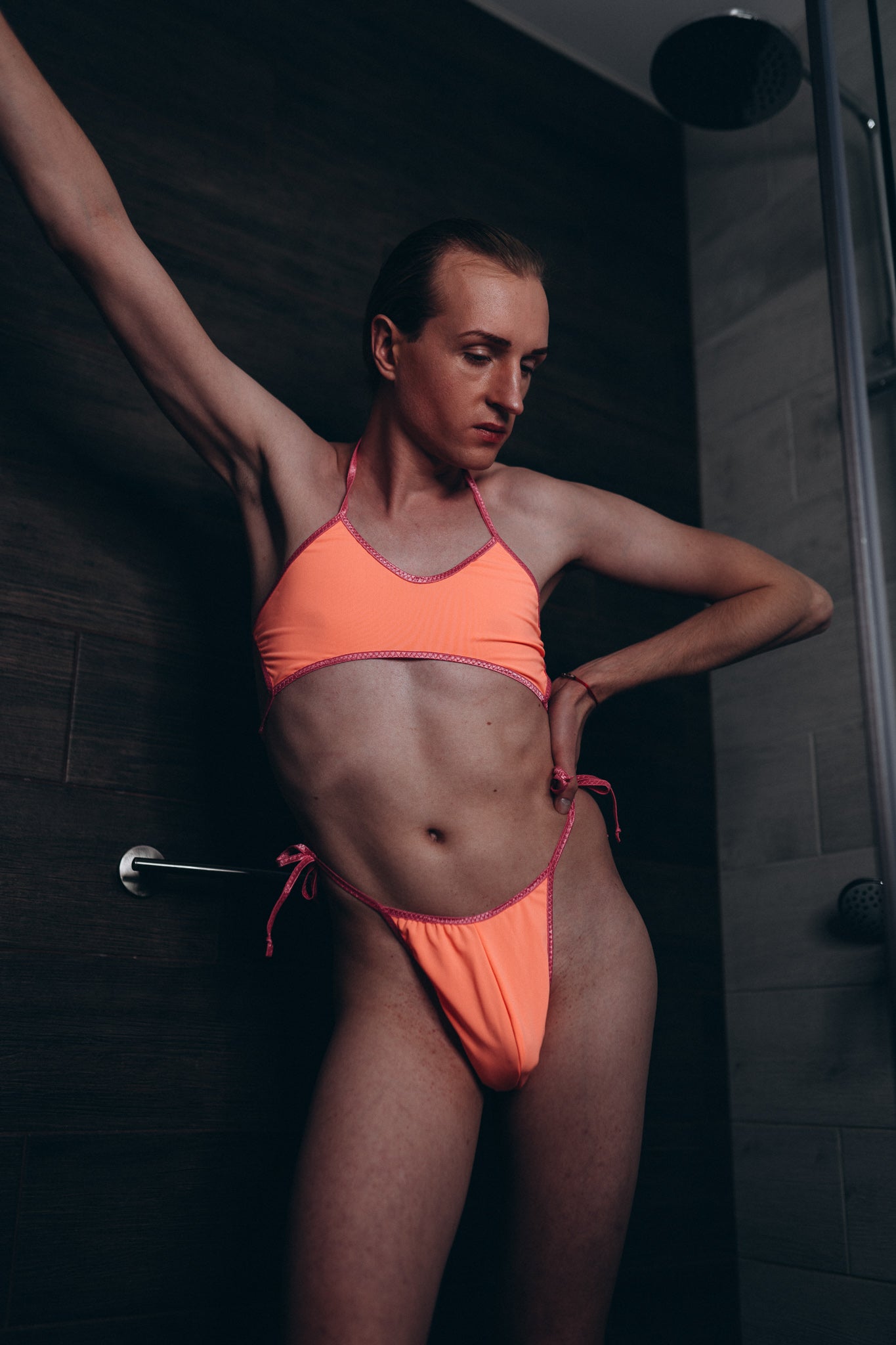 Neon Orange Mens Thong Bikini Set – Sexy Cut Out Lingerie Set for Men