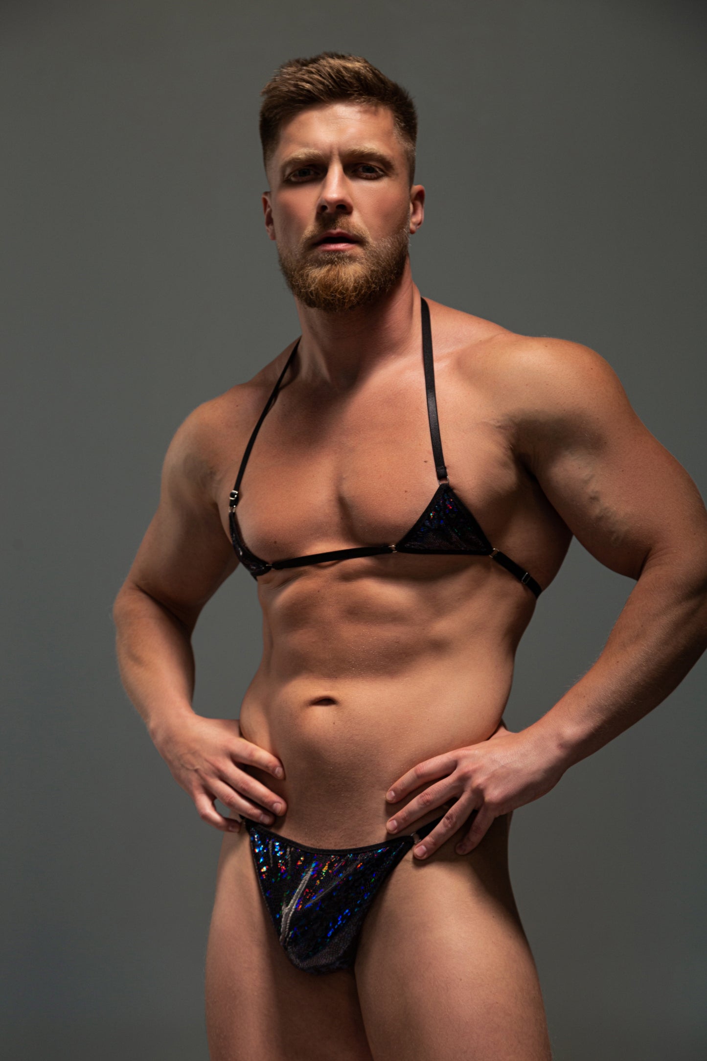 Men's black sequin lingerie set – includes lace panties and bra for a sexy look
