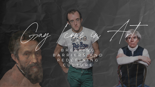 Collage featuring prominent gay artists in history, including Michelangelo, Keith Haring, and Andy Warhol, under the title 'Gay Icons in Art: Breaking Barriers and Redefining Culture