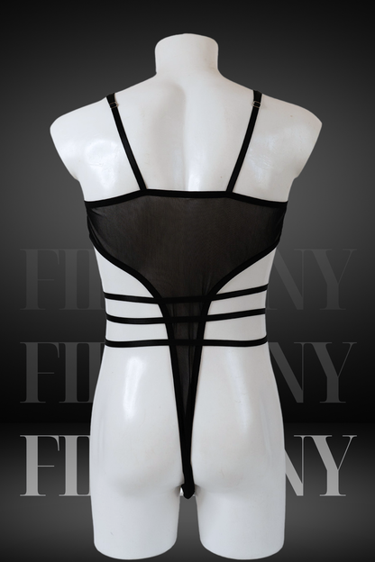  Angled side view of black mesh bodysuit for femboys and gay men with O-ring waist detail, on mannequin.
