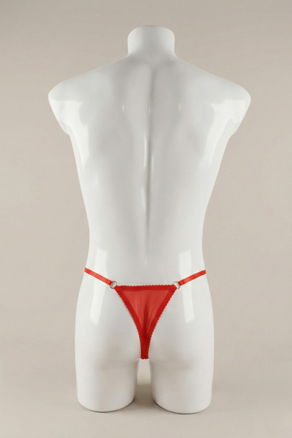 Blue Satin Thong with Peach Lace - Femboy Underwear