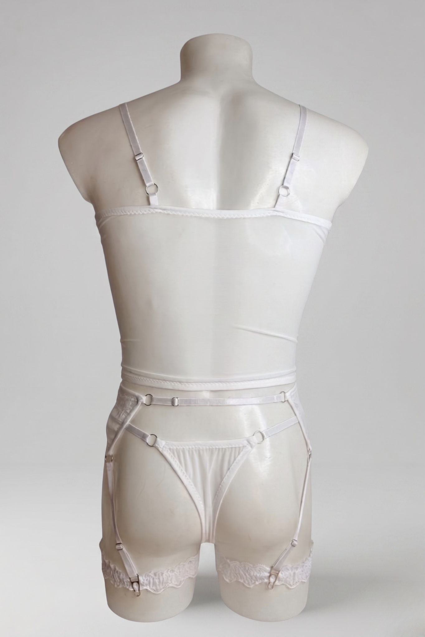 Men's White Sheer Mesh Bustier Corset & Garter Belt Lingerie Set