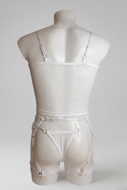 Men's White Sheer Mesh Bustier Corset & Garter Belt Lingerie Set