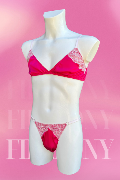 Pink Satin & Lace Sissy Lingerie for Men – Sexy Bra and Panty Set