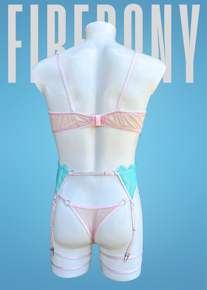 Turquoise Lace Men’s Lingerie Set – Sheer Floral Bralette & High-Waist Garter Thong with Leg Straps