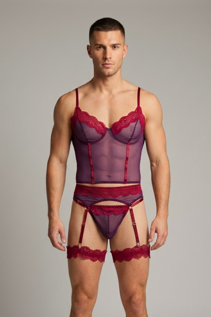 Femboy Burgundy Lace Bustier Corset & Garter Belt Lingerie Set
