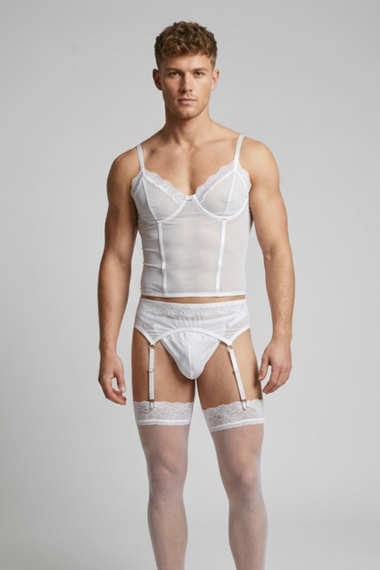 Men's White Sheer Mesh Bustier Corset & Garter Belt Lingerie Set
