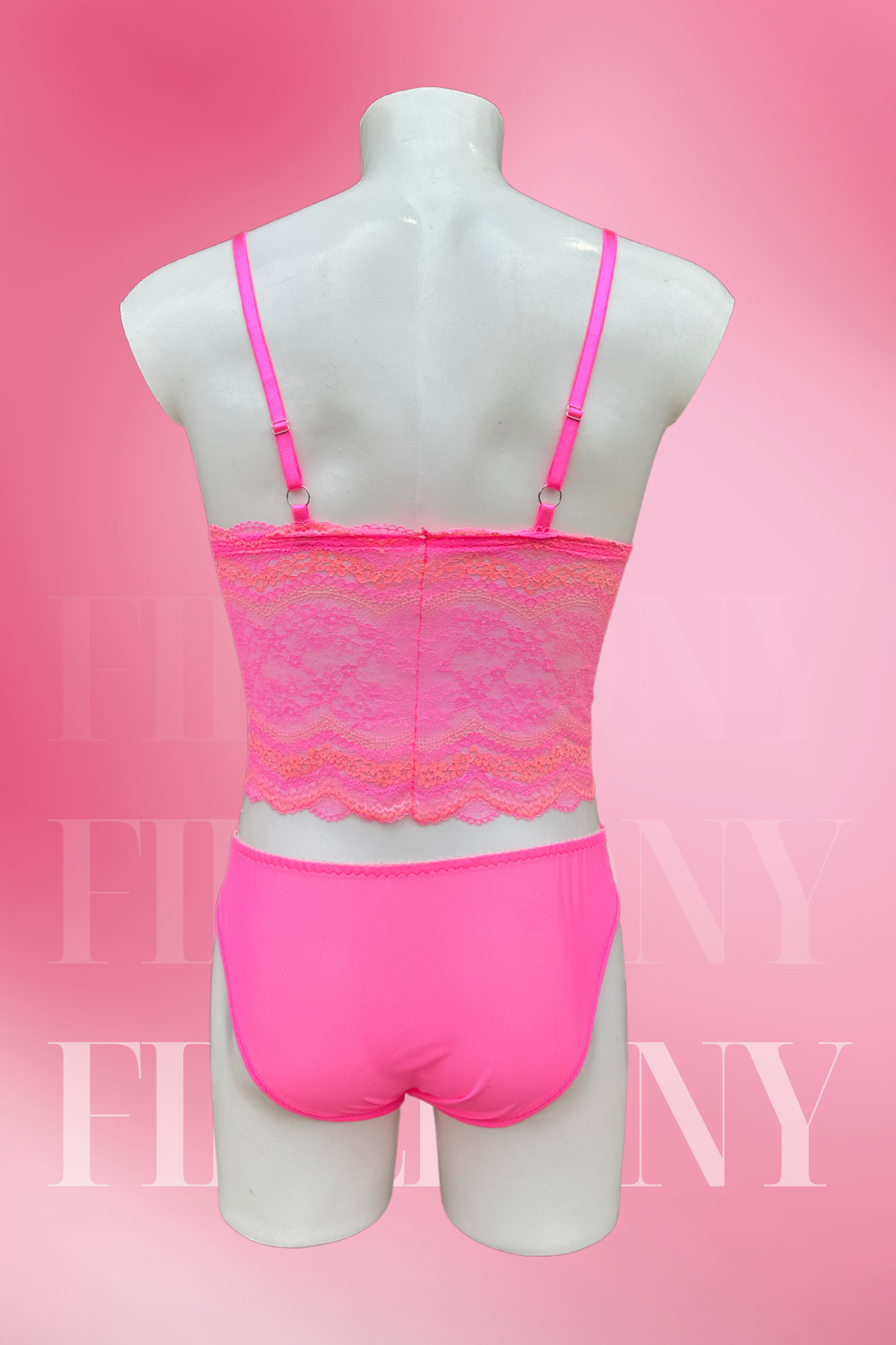  Front view of the pink lace lingerie set highlighting the floral lace bralette and panties.