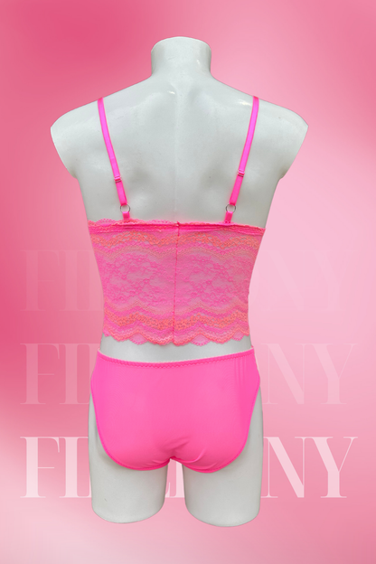  Front view of the pink lace lingerie set highlighting the floral lace bralette and panties.