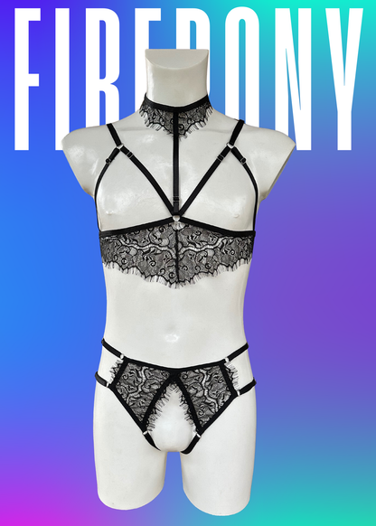 Black Eyelash Lace Men’s Lingerie Set – Harness Style Bra with Choker & Open Crotch Thong