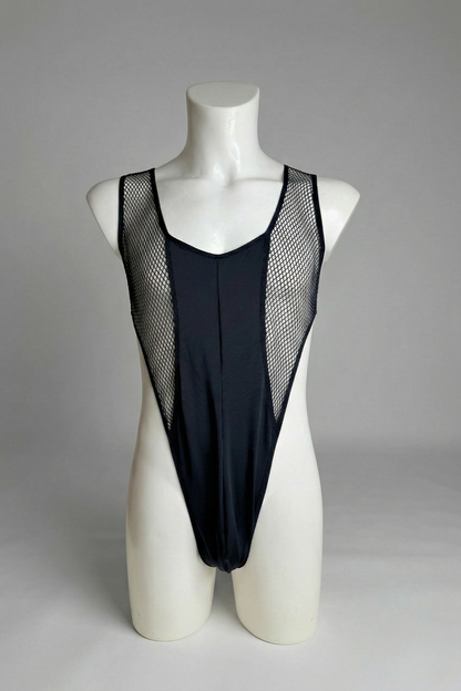 Men’s High-Cut Mesh Bodysuit – Black Geometric Leotard with Fishnet Panels